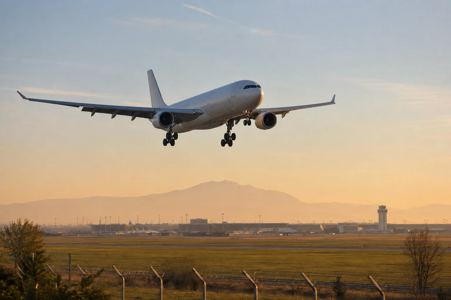 Ein unmarkiertes zweistrahliges Langstreckenflugzeug im Anflug auf Zagreb