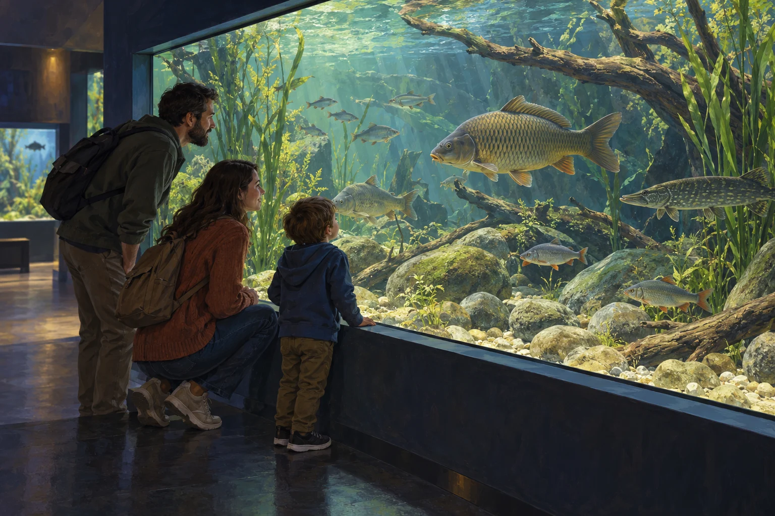 Gemalte Illustration einer Familie vor einem Süßwasseraquarium mit Flussfischen