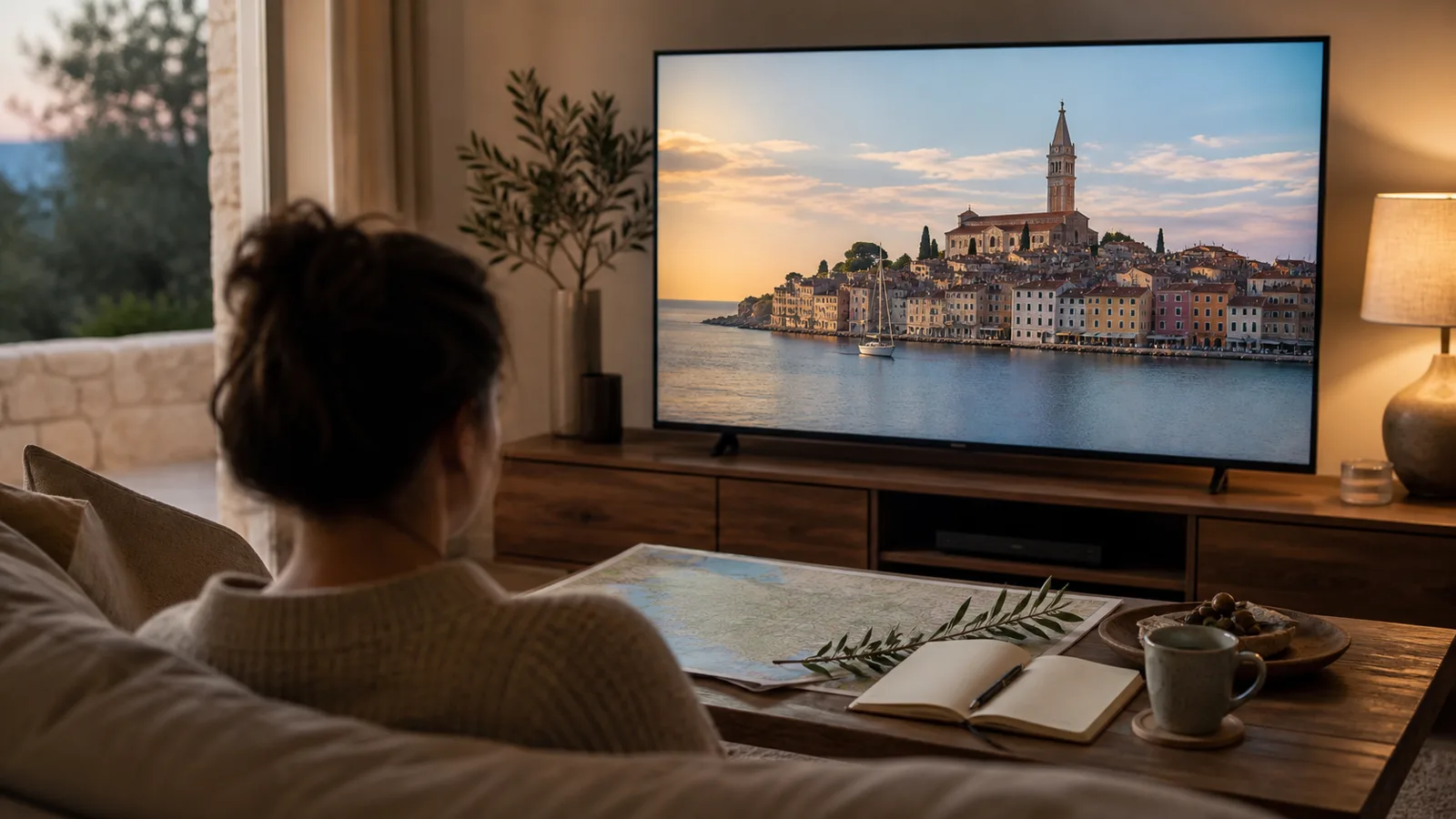 Person vor einem Fernseher mit einer Ansicht von Rovinj, daneben Karte und Reisenotizbuch