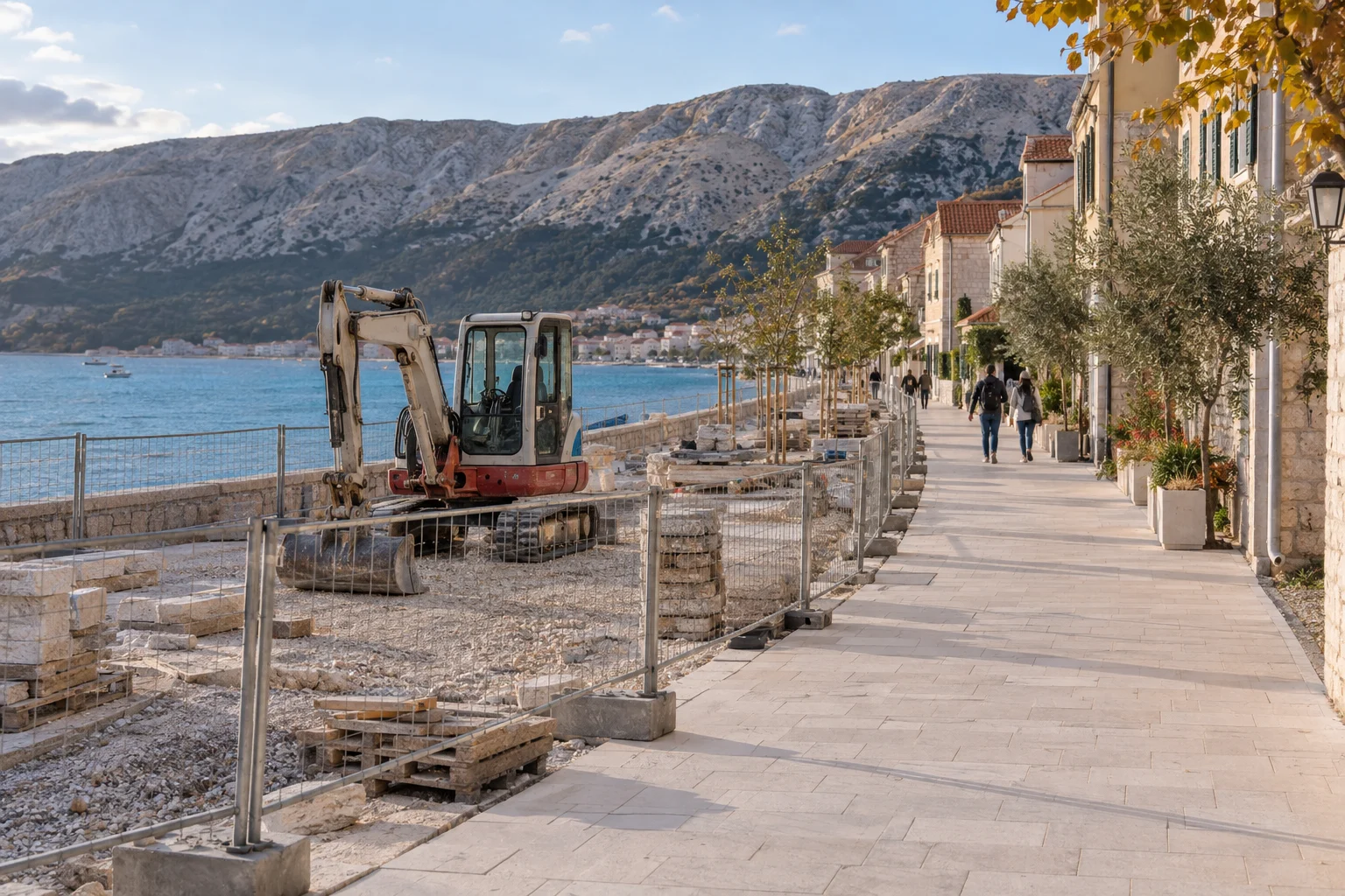 Eine generische Adriapromenade wird hinter einer Absperrung erneuert, daneben bleibt ein Fußweg frei
