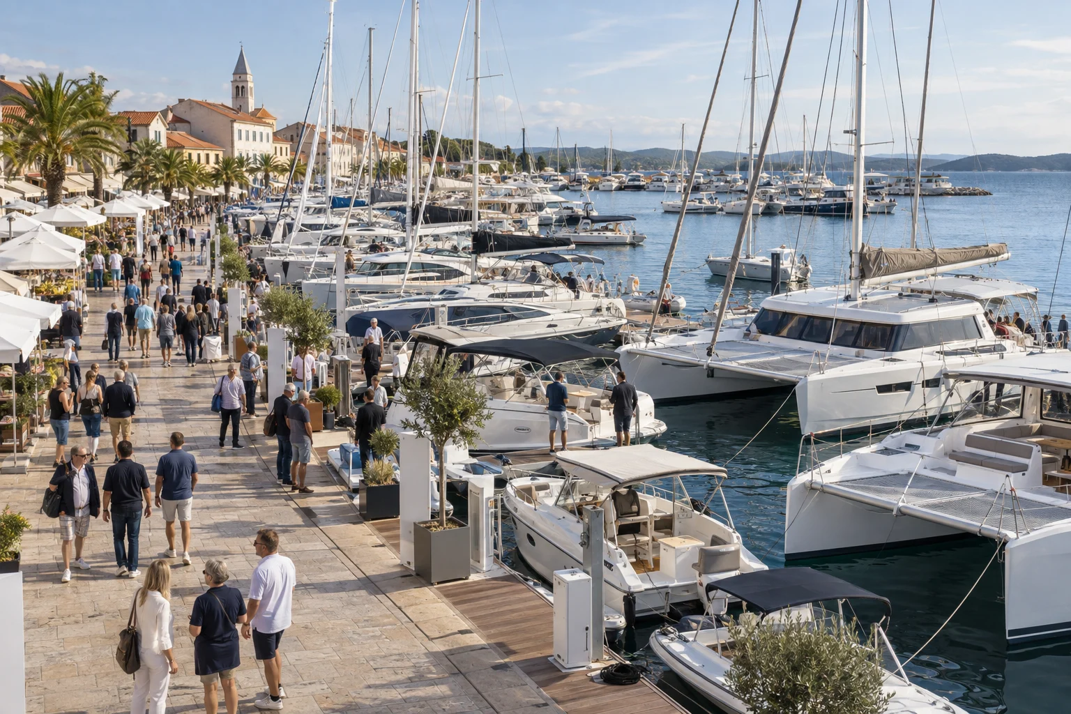 Besucher gehen zwischen unmarkierten Segelbooten, Motorbooten und Katamaranen in Biograd na Moru