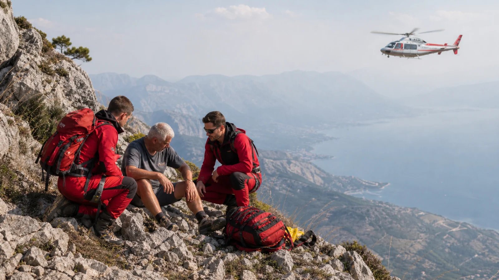 Bergretter versorgen einen erschöpften Wanderer auf dem hellen Karst des Biokovo, während ein Hubschrauber wartet