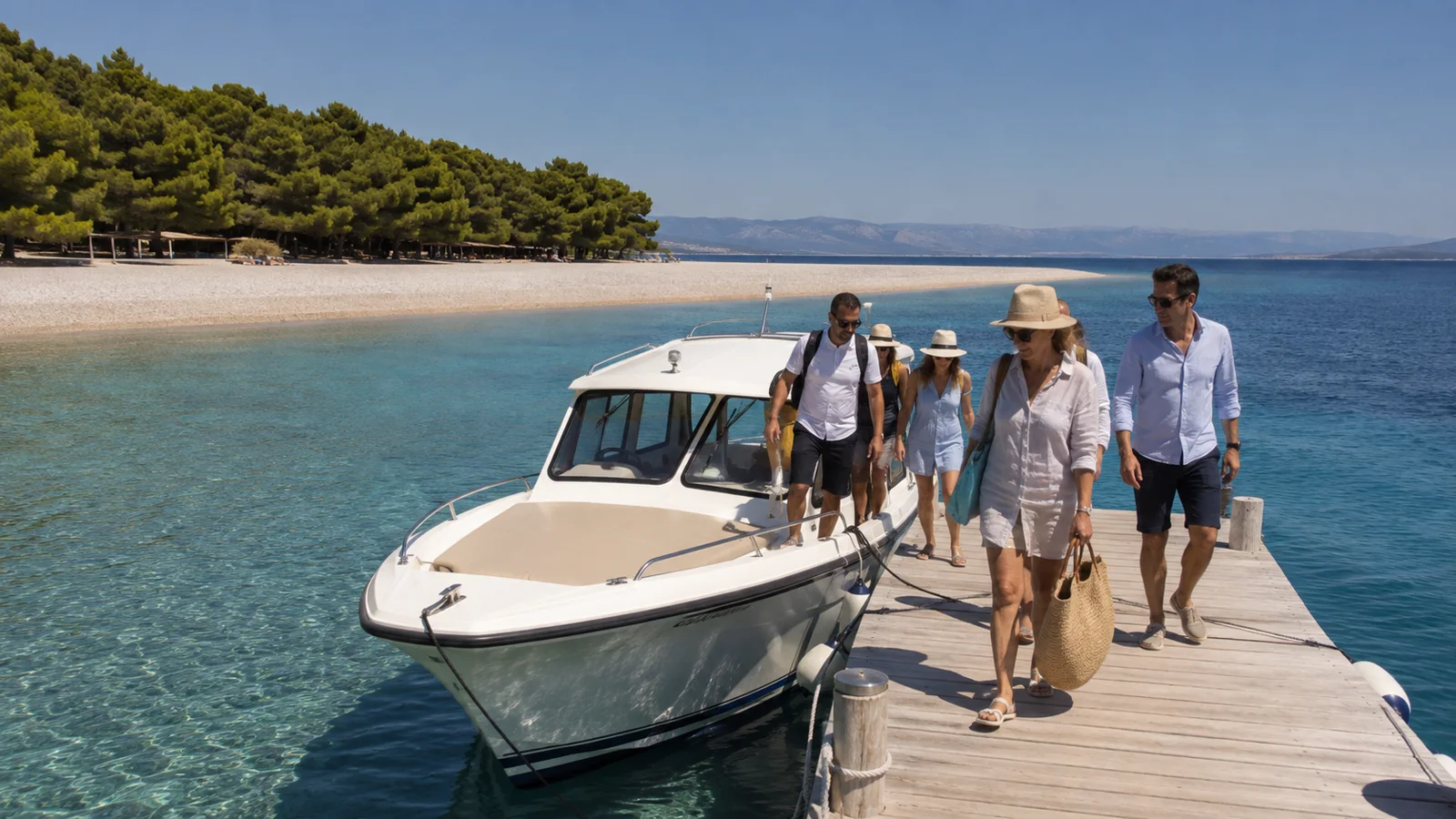 Reisende steigen von einem kleinen Taxiboot auf einen Holzponton beim Zlatni rat