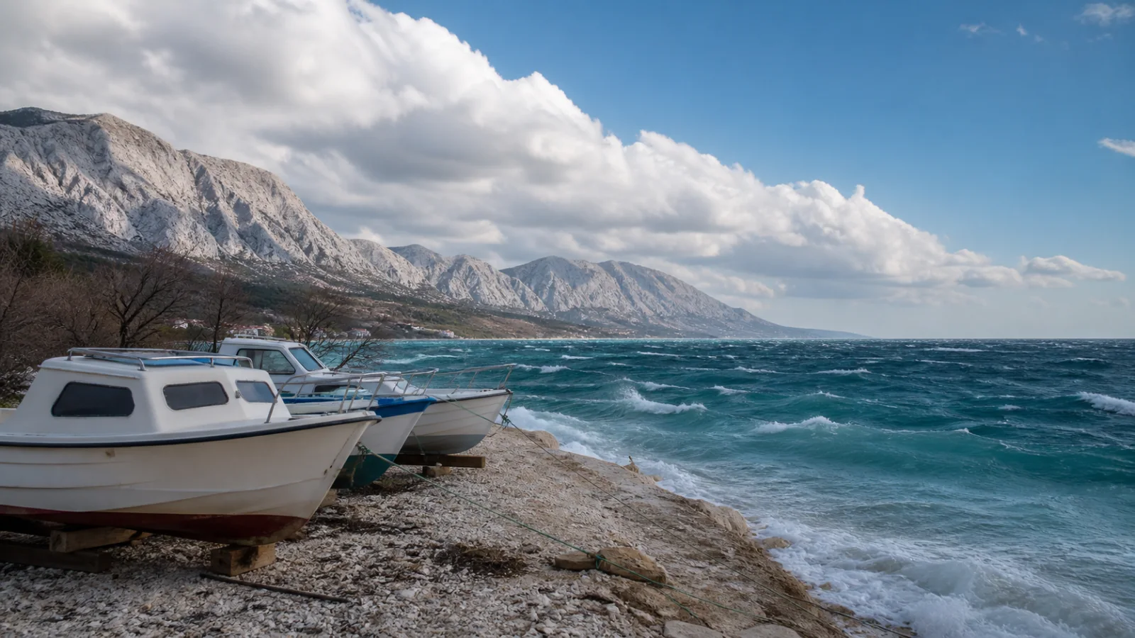 Gesicherte kleine Boote an einer stürmischen Küste unter dem Velebit als Symbol für die angekündigte Unwetterlage
