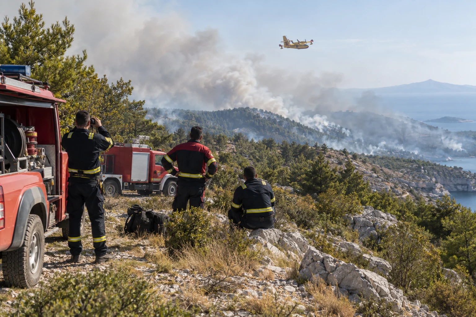 Feuerwehrkräfte, Einsatzfahrzeuge und ein Löschflugzeug vor einem rauchenden Bergrücken als Symbol für den Waldbrand auf Brač