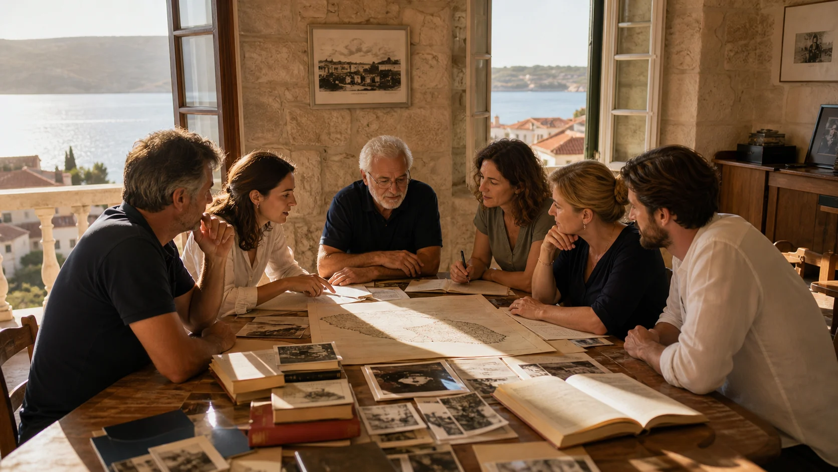 Eine Gruppe Erwachsener bespricht mit Büchern und Inselmaterialien eine Kulturinitiative für ganz Brač