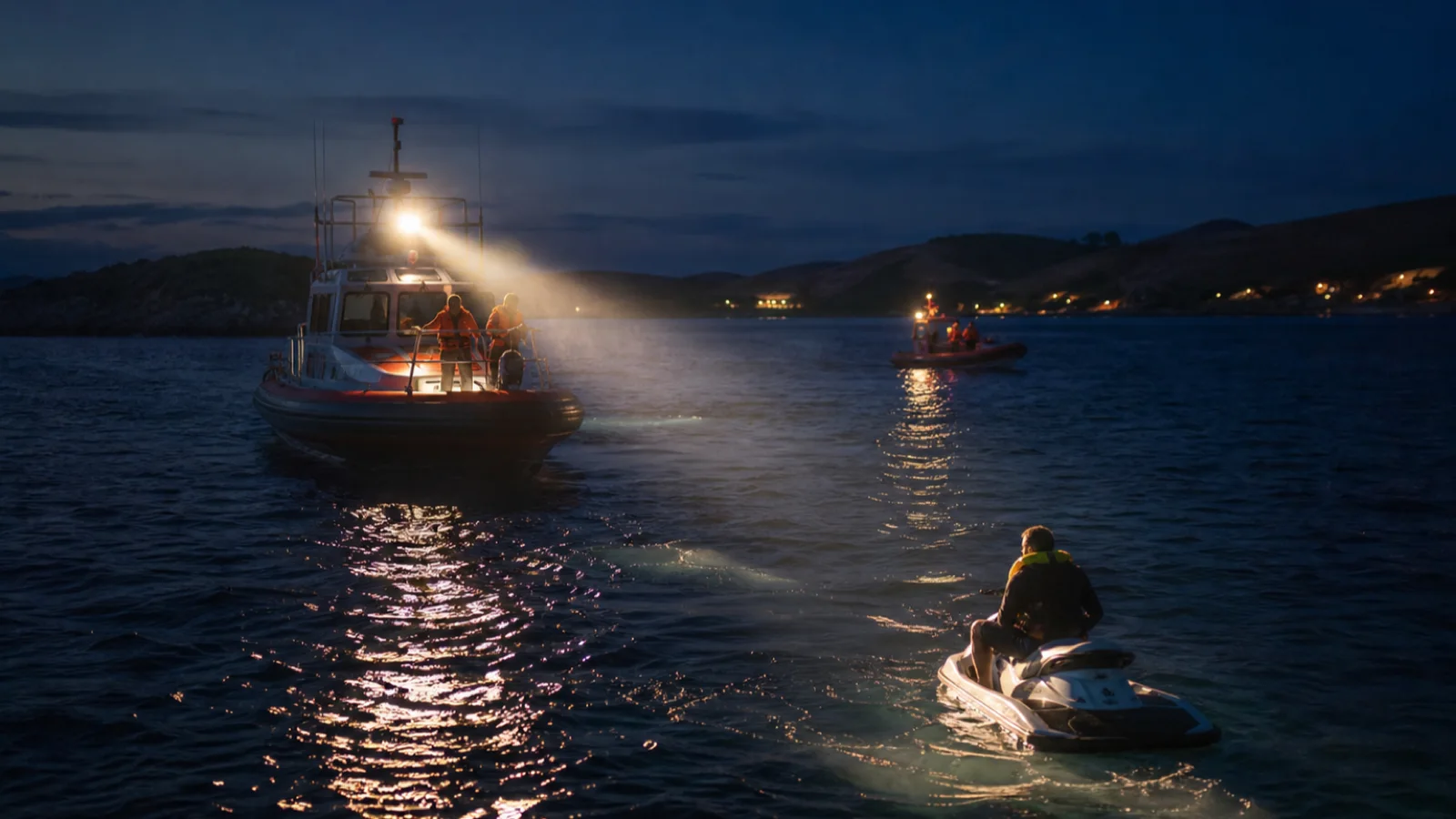 Rettungsboote suchen nachts mit Scheinwerfern nach einem Jet-Ski-Fahrer in der Adria