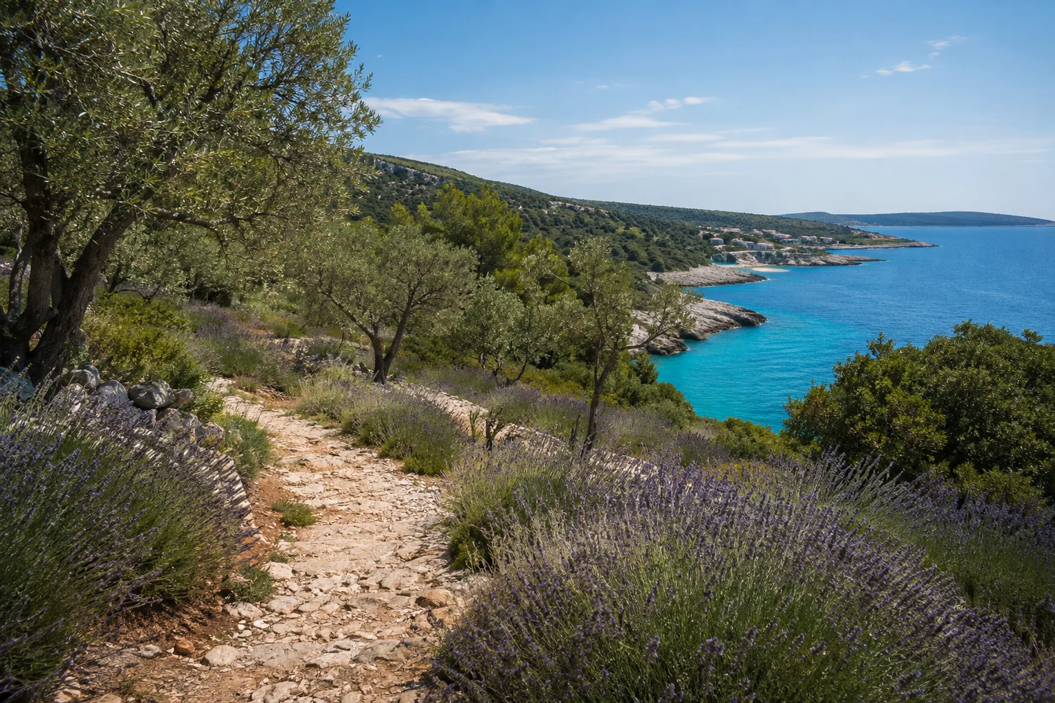 Ein stiller Weg führt durch Olivenhaine und Karst zu einer Bucht auf Cres