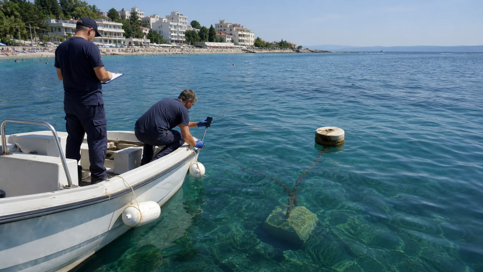 Mitarbeiter dokumentieren eine nicht zugeordnete Boje und ihre Verankerung in klarem Küstenwasser