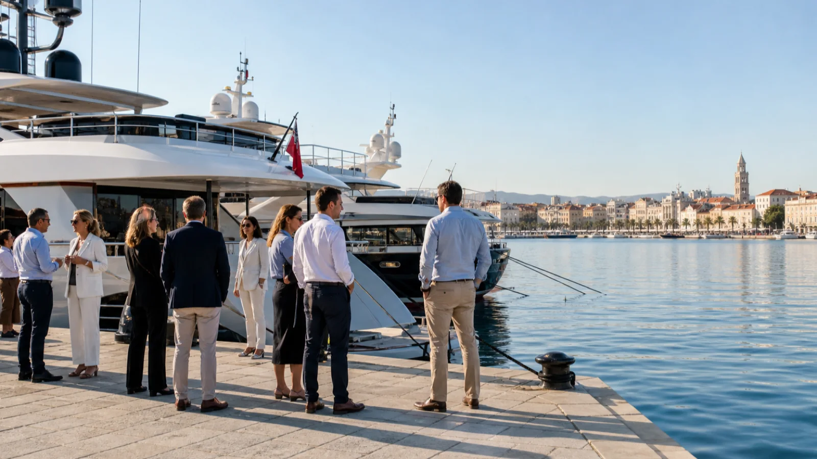 Branchenbesucher besichtigen mehrere Charteryachten an einer Marina in Split