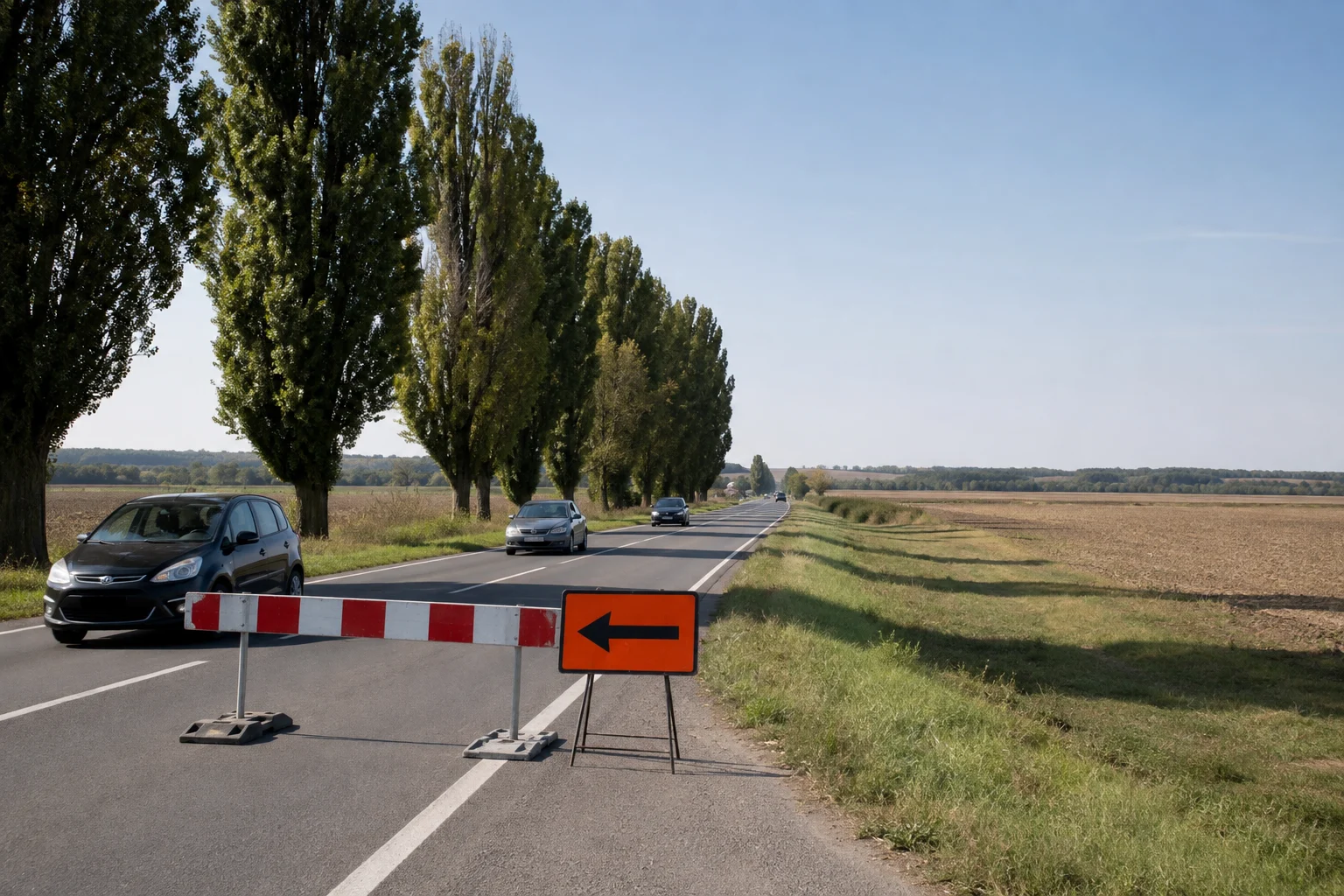 Eine provisorische Straßensperre leitet Autos auf einer Landstraße im flachen Osten Kroatiens um