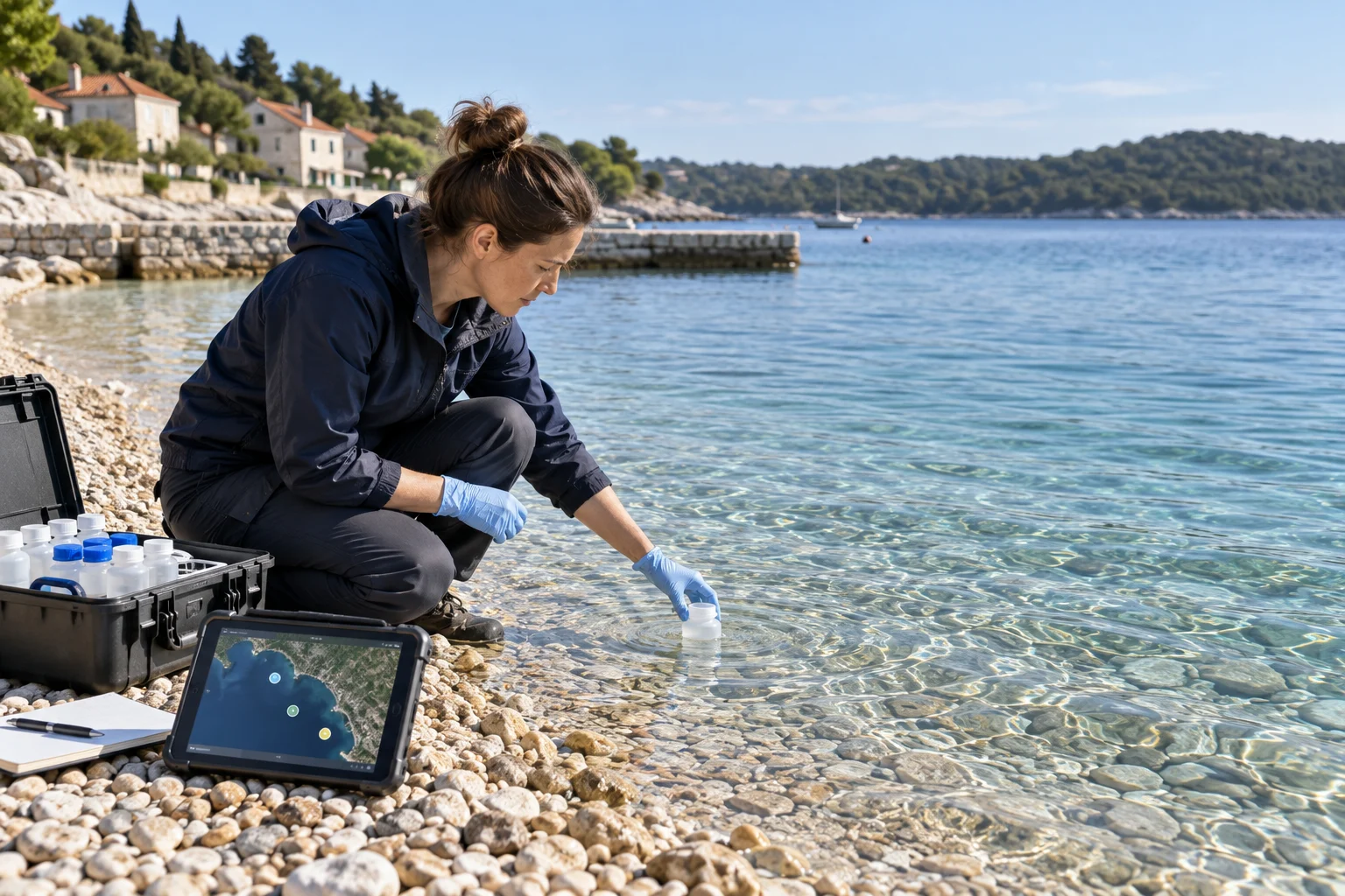 Badewasserprobe an einem klaren Kiesstrand mit drei neutralen gelben Kartenmarkierungen