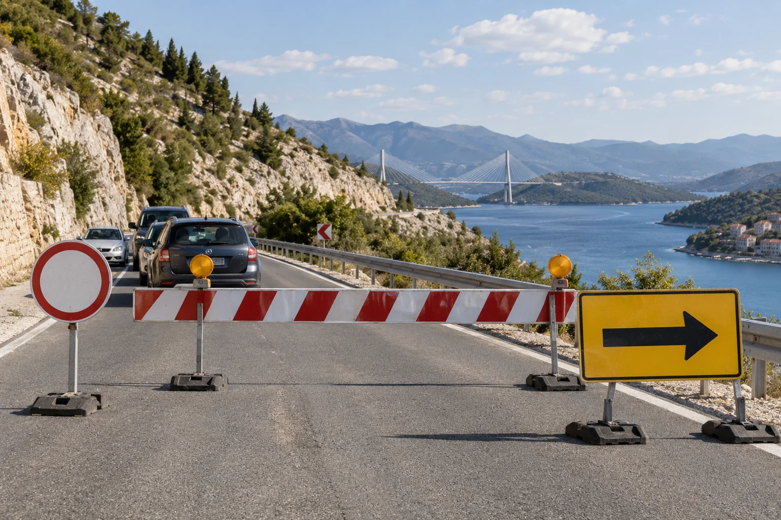 Eine temporäre Straßensperre an einer symbolisch dargestellten Adriaküstenstraße