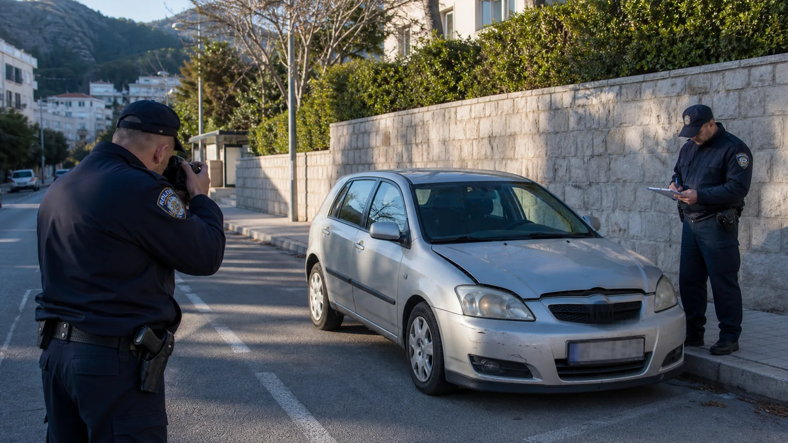 Zwei nicht identifizierbare Polizeikräfte dokumentieren ein leicht beschädigtes Auto in einer Straße von Dubrovnik