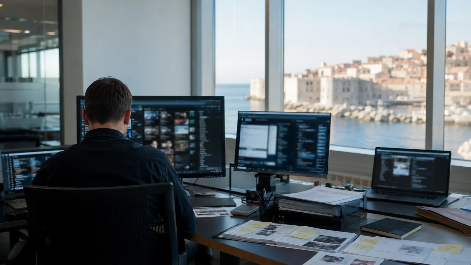 Ein nicht identifizierbarer Analyst prüft in einem neutralen Büro unleserlich dargestellte Social-Media-Inhalte