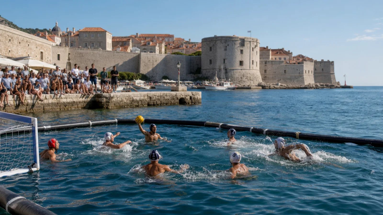 Vier-gegen-vier-Wasserball in einem kompakten Feld vor Dubrovniks Stadtmauer
