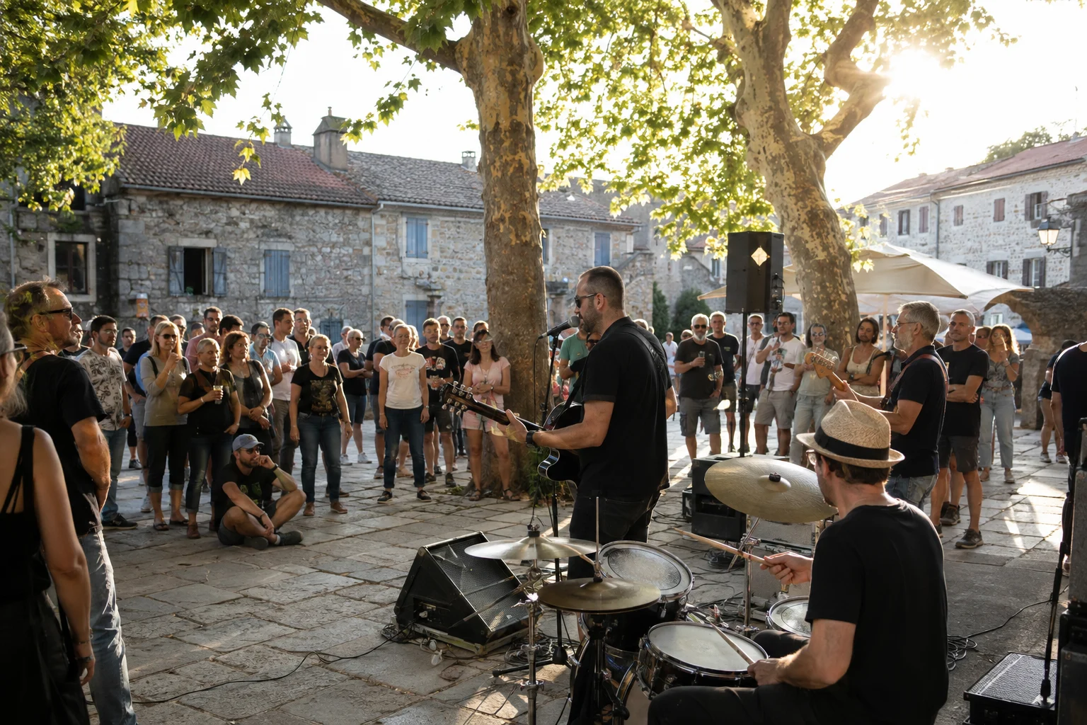 Musiker spielen Blues auf einer kleinen Außenbühne in einem istrischen Ort