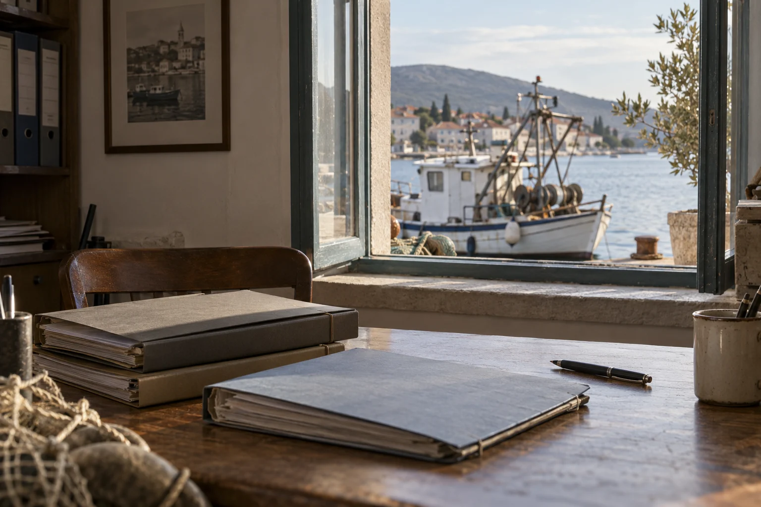 Geschlossene Rechtsakten liegen in einem Hafenbüro, draußen ist ein kleines Fischerboot zu sehen