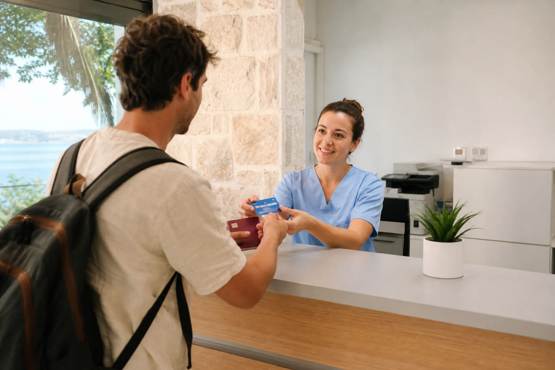Reisender zeigt seine europäische Krankenversicherungskarte an der Anmeldung einer kroatischen Praxis