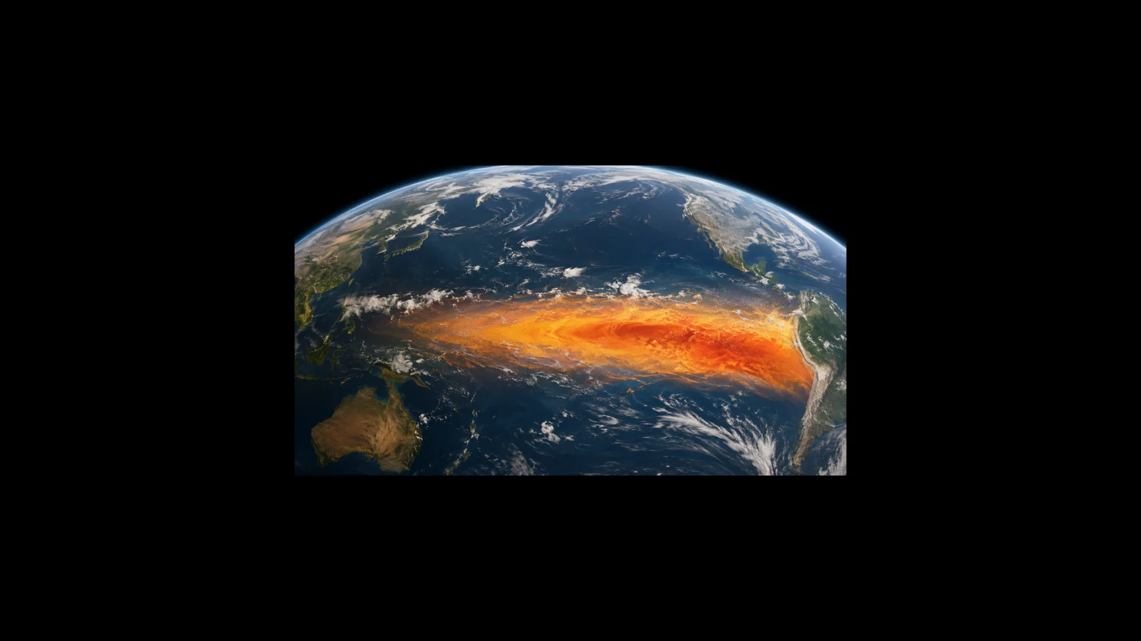Satellitenartige Erdansicht mit auffällig warmer Wasserzone im äquatorialen Pazifik