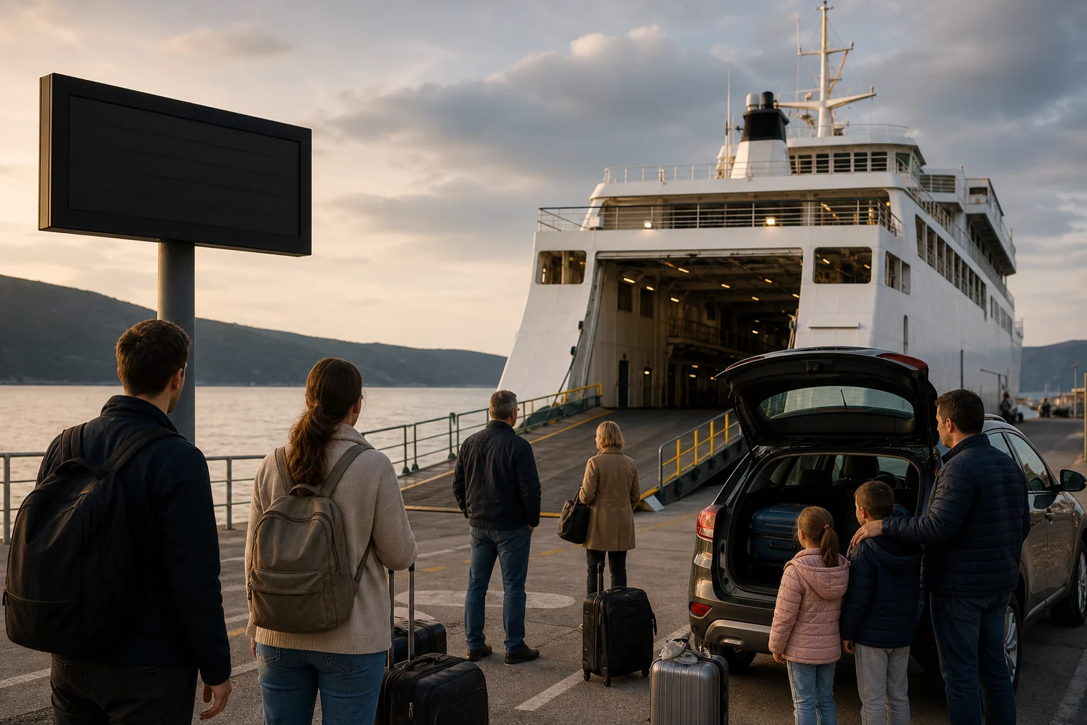 Reisende vor einer kroatischen Autofähre mit Anzeigetafel für eine verspätete Abfahrt