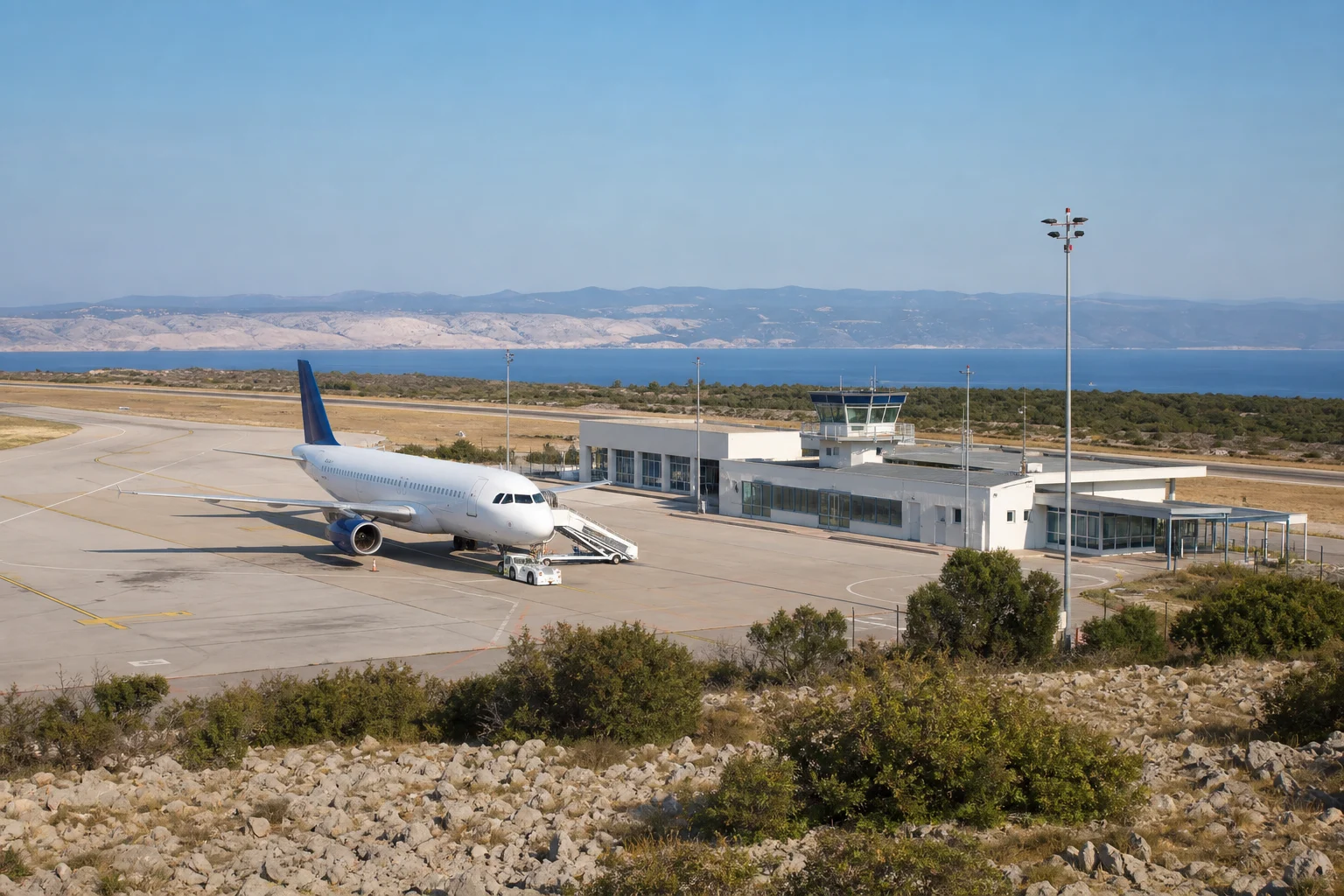 Redaktionelle Darstellung eines kleinen Adriatischen Regionalflughafens auf Krk mit Passagierflugzeug und Blick über den Kvarner