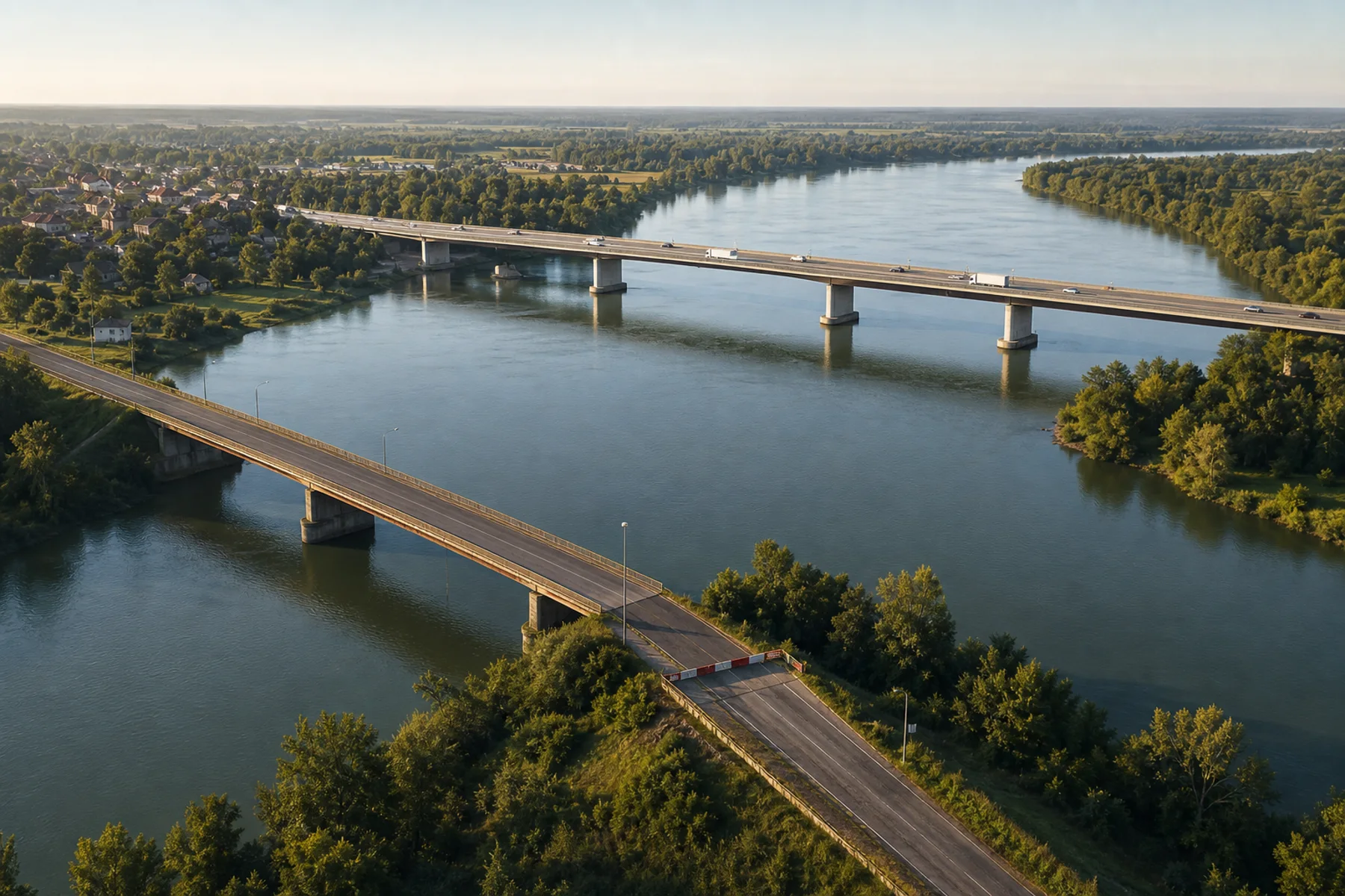 Redaktionelle Luftbildvisualisierung einer gesperrten alten und einer geöffneten neuen Brücke über die Save