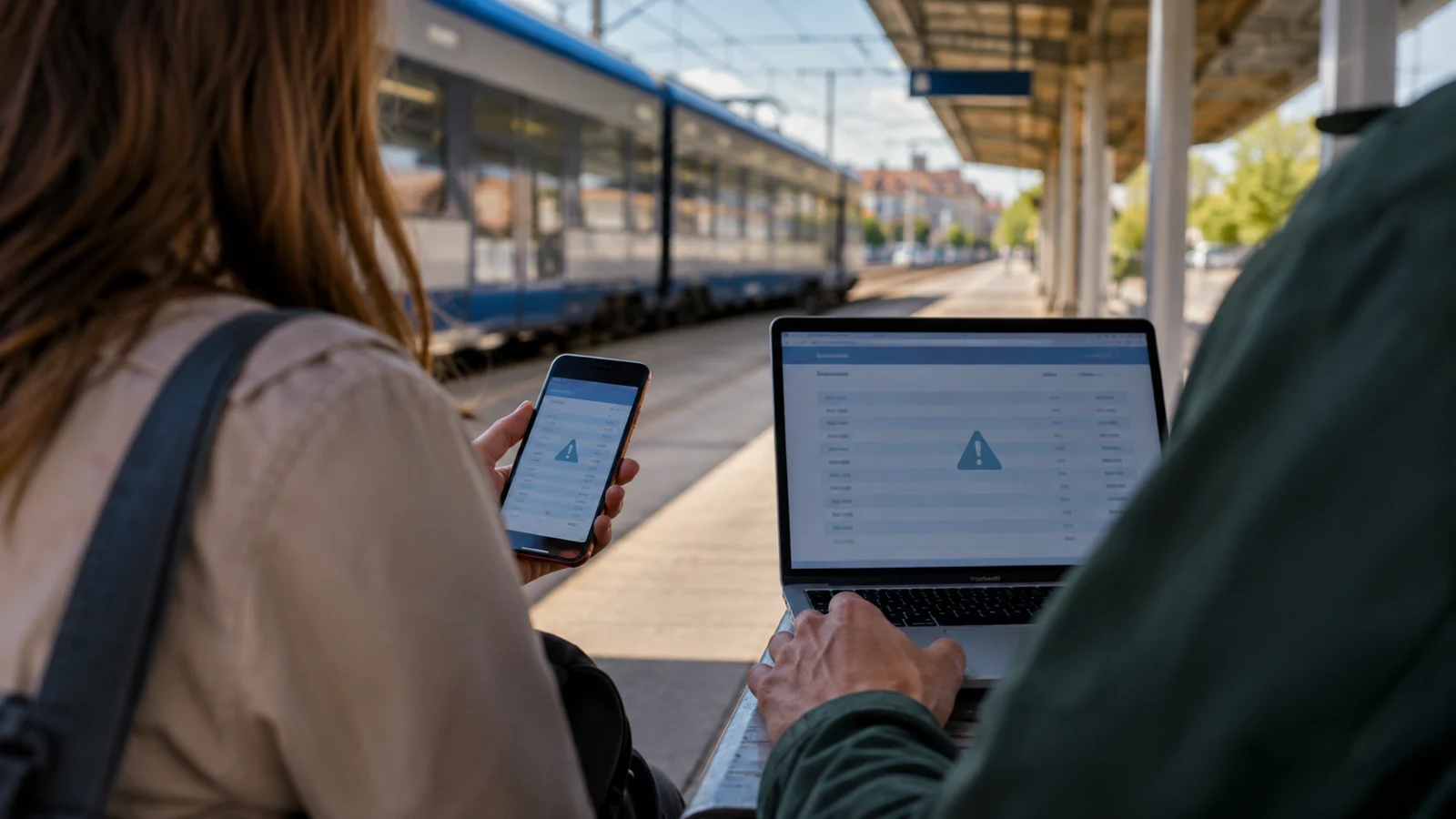Reisende prüfen an einem kroatischen Bahnhof App und Onlinefahrplan mit fehlenden Live-Angaben