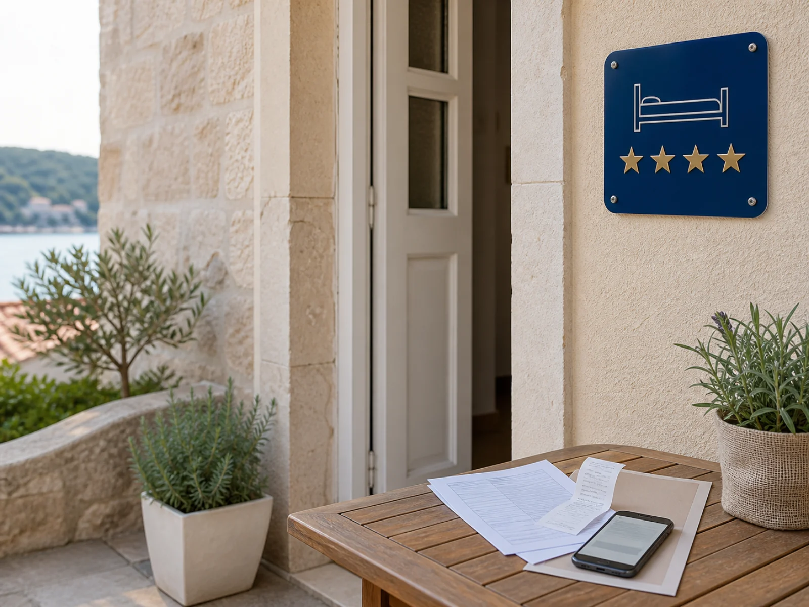 Kroatische Ferienwohnung mit blauer Kategorietafel, Unterlagen, Beleg und Mobiltelefon