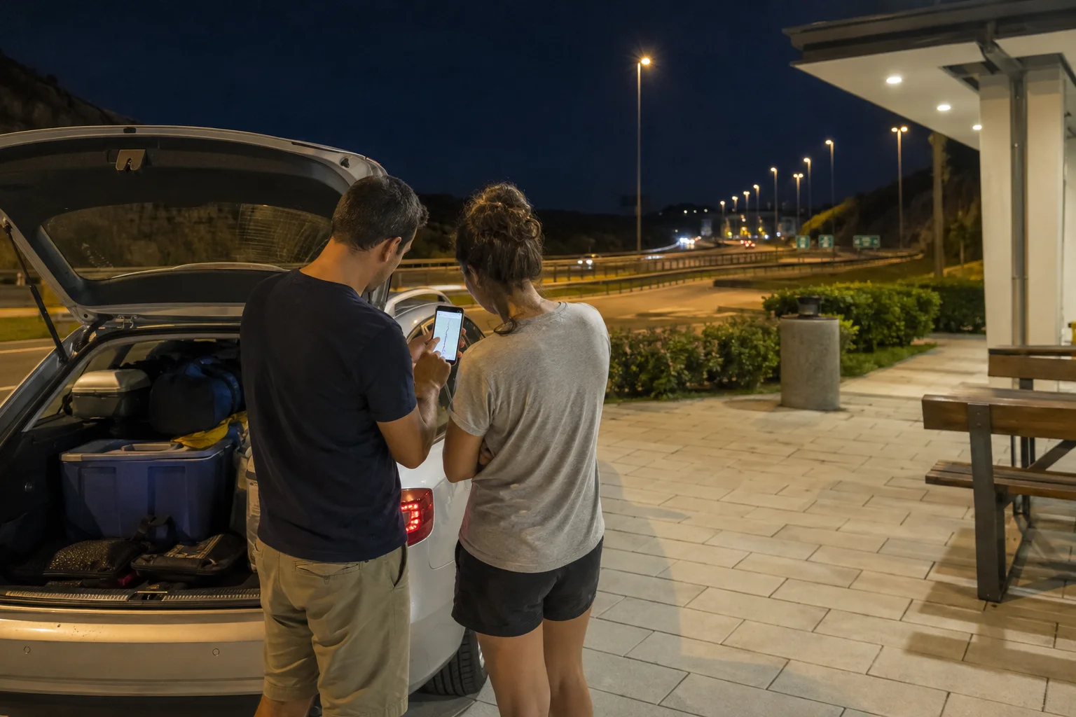 Reisende prüfen bei einer Rast die Route auf dem Mobiltelefon