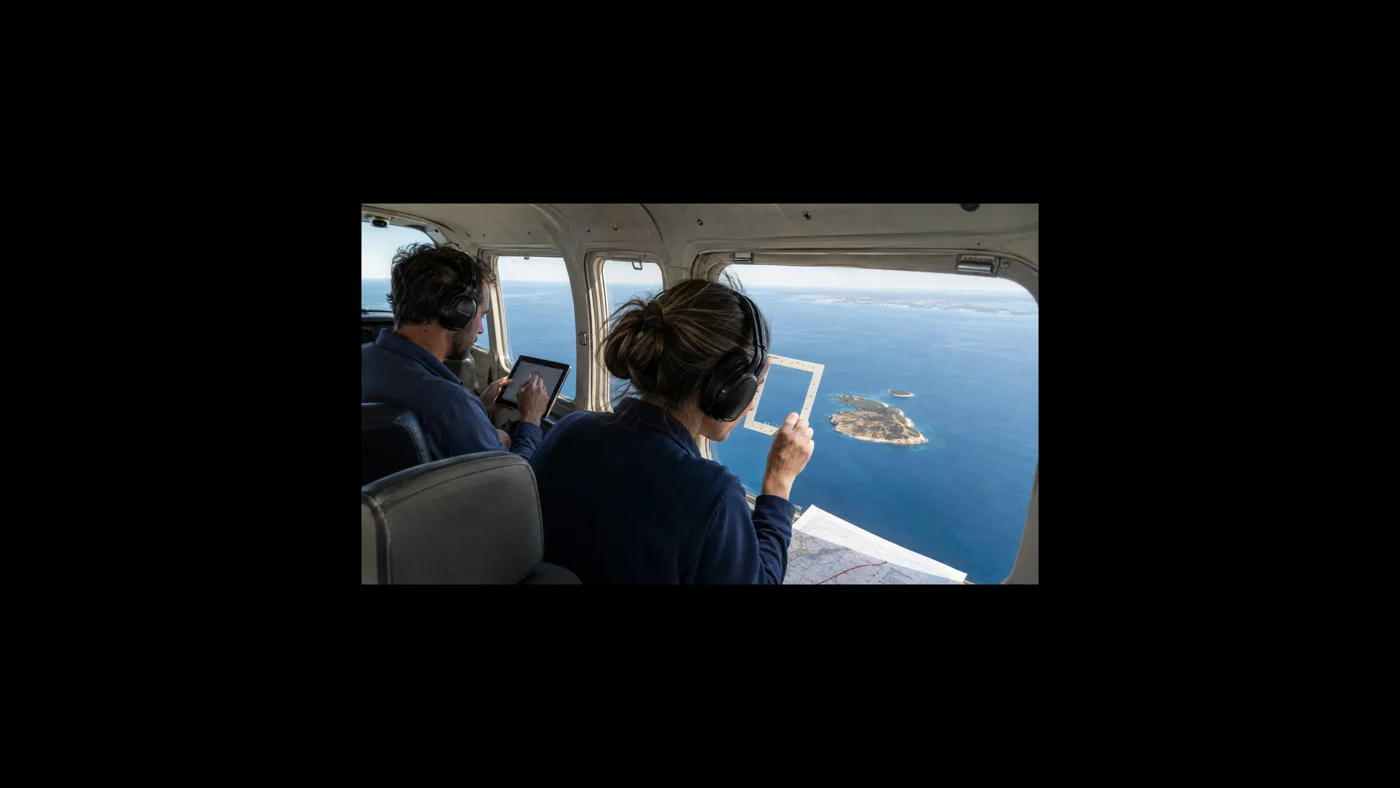 Zwei Forschende beobachten das Meer aus einem kleinen Flugzeug und protokollieren ihre Sichtungen
