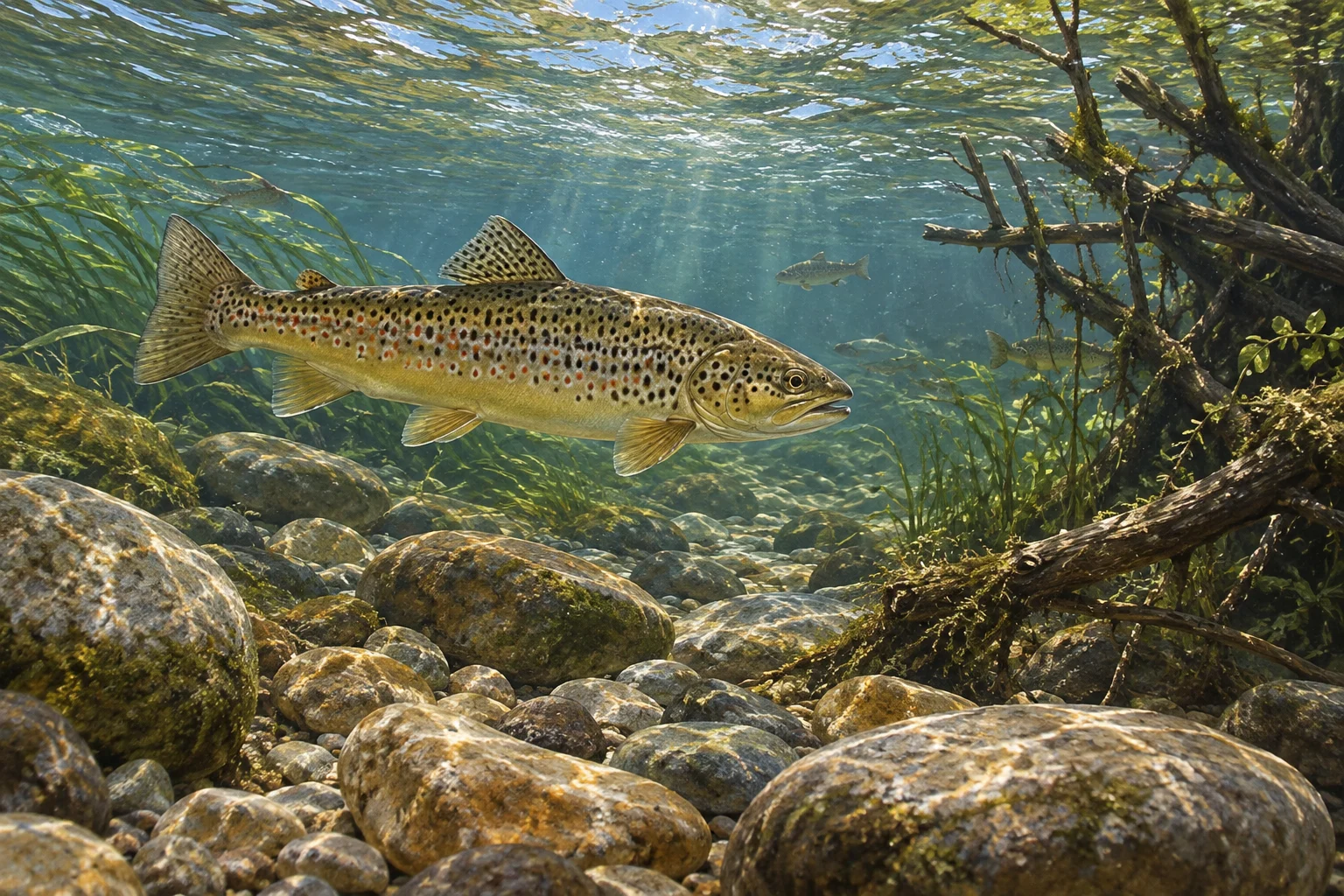 Naturkundliche Illustration einer Forelle über Steinen und Wasserpflanzen in einem Fluss