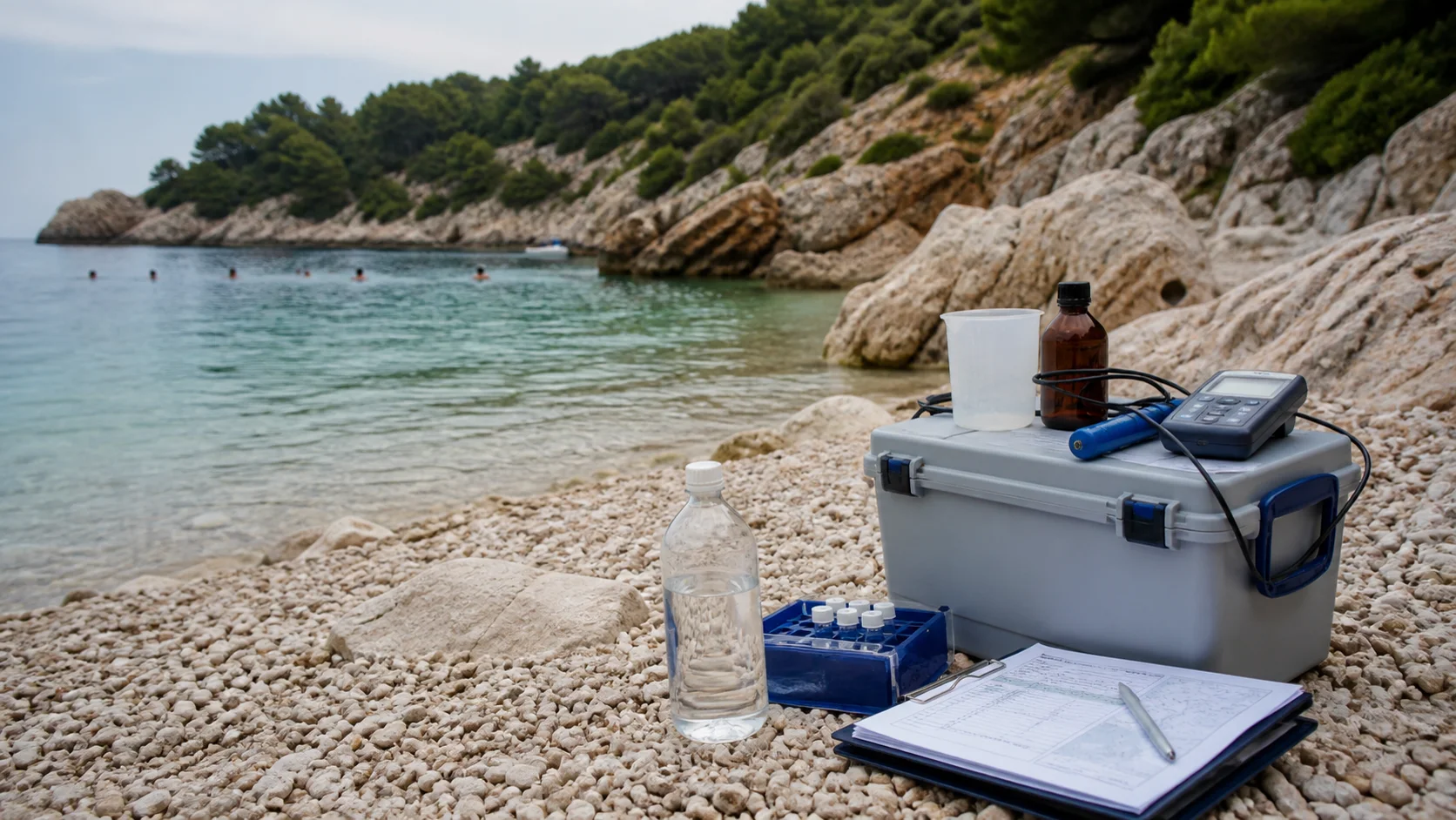 Fachkraft nimmt an einer kroatischen Kiesbucht eine Wasserprobe