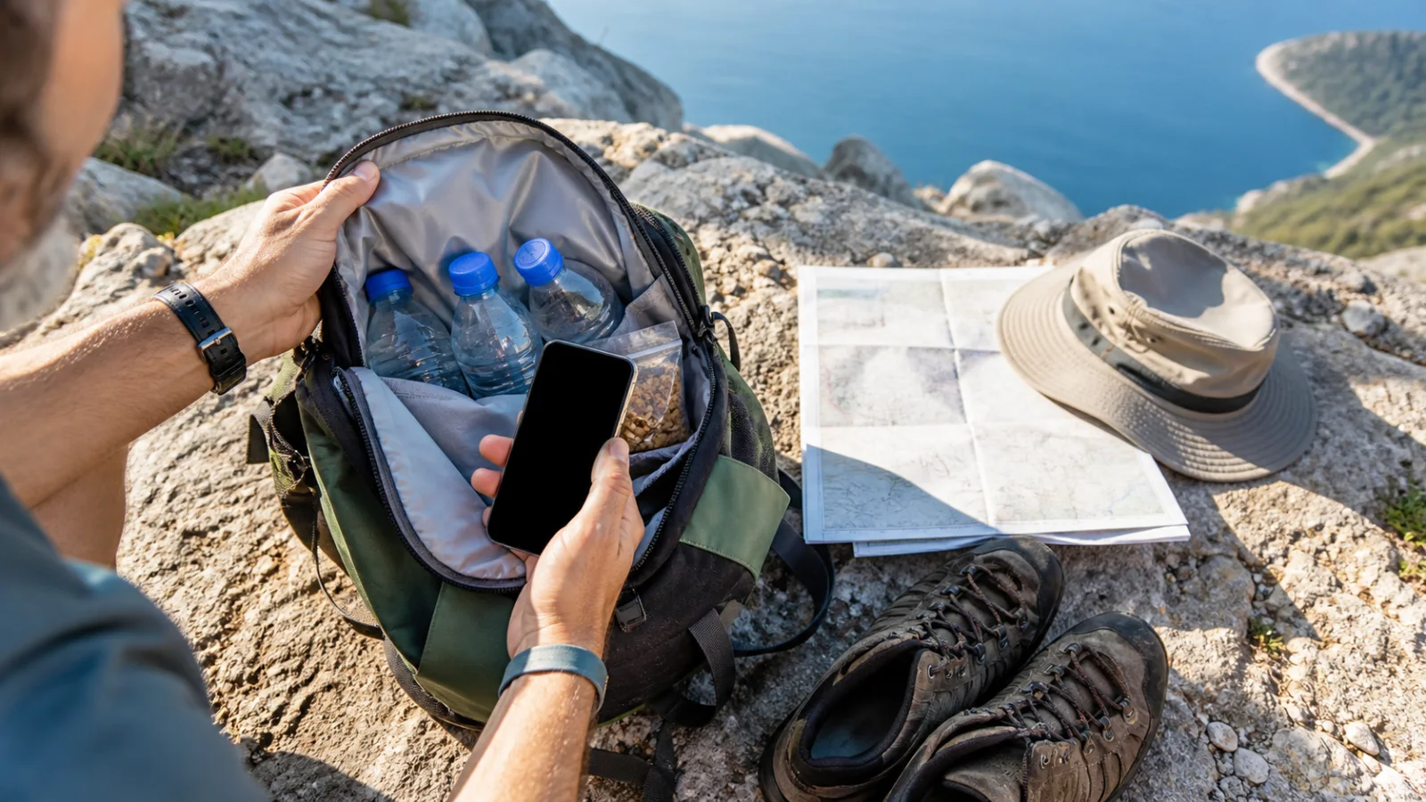 Wasserflaschen, Telefon, Karte, Sonnenschutz und Wanderschuhe werden vor einer Tour auf dem Biokovo geprüft