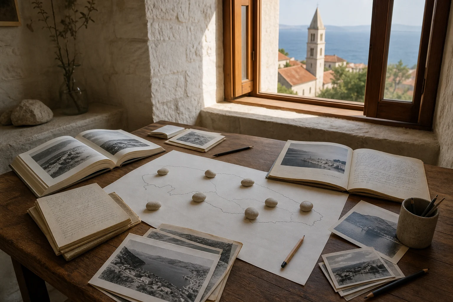 Bücher, historische Inselfotos und Planungsunterlagen auf einem Tisch in einem Bračer Steinhaus