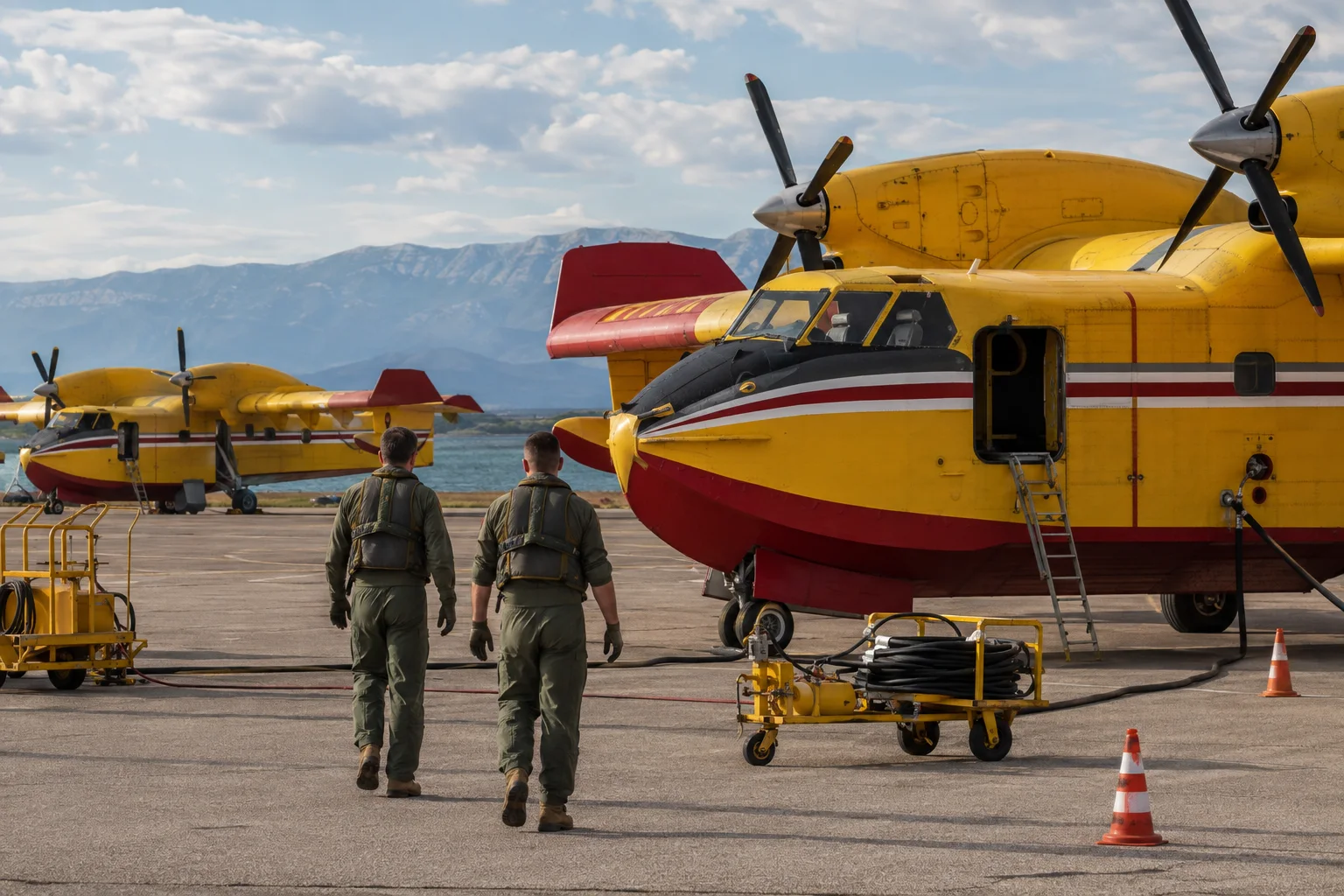 Zwei Besatzungsmitglieder gehen auf einem Flugfeld zu vorbereiteten Löschflugzeugen