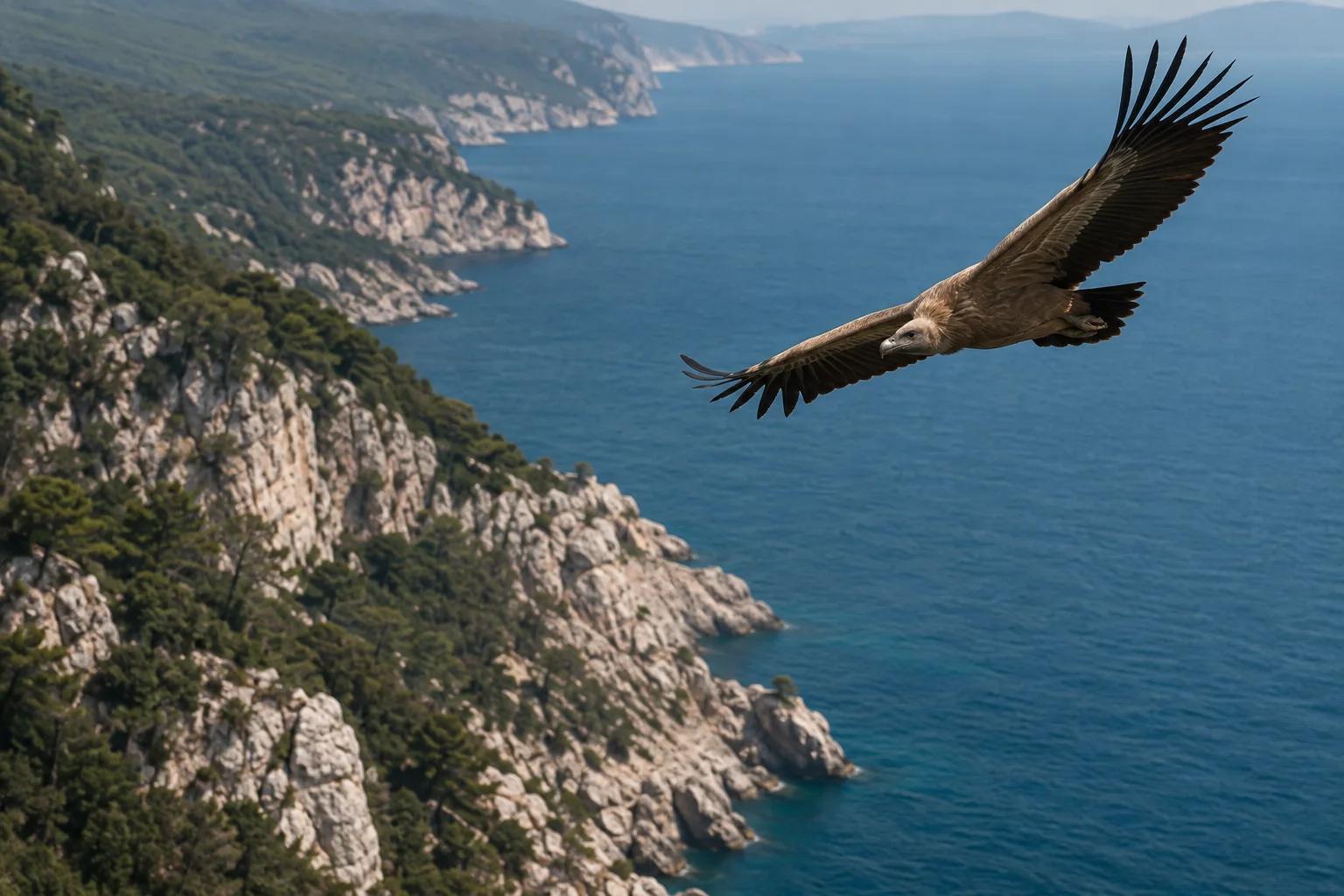 Ein Gänsegeier gleitet über der Karstküste bei Beli auf Cres