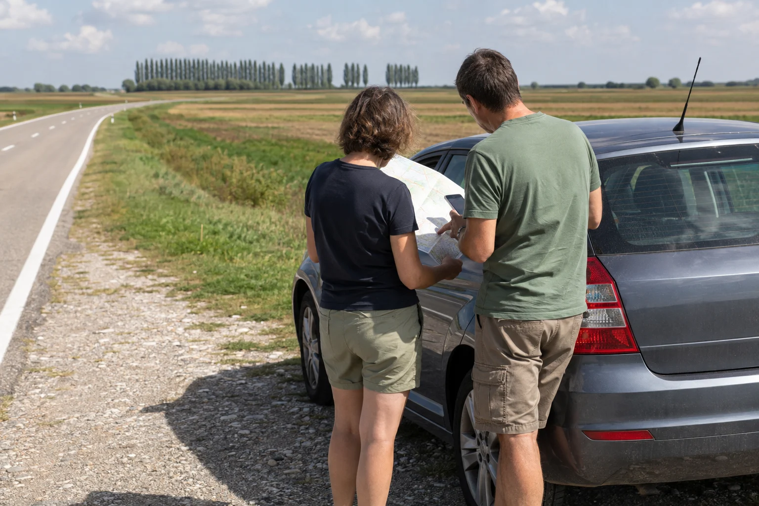 Zwei Reisende prüfen neben einem geparkten Auto eine Straßenkarte
