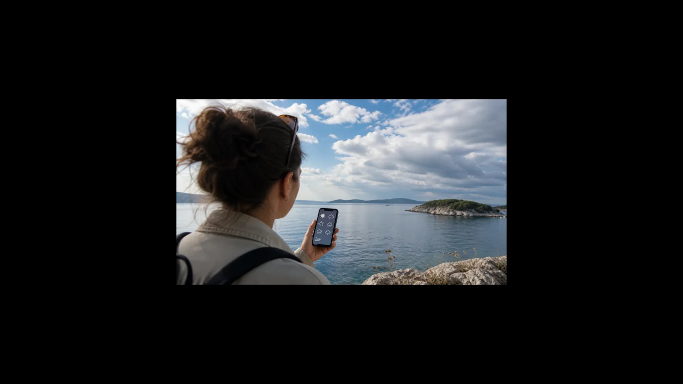 Eine Person vergleicht am Adriatischen Meer eine Wetteranzeige auf dem Handy mit dem wechselhaften Himmel