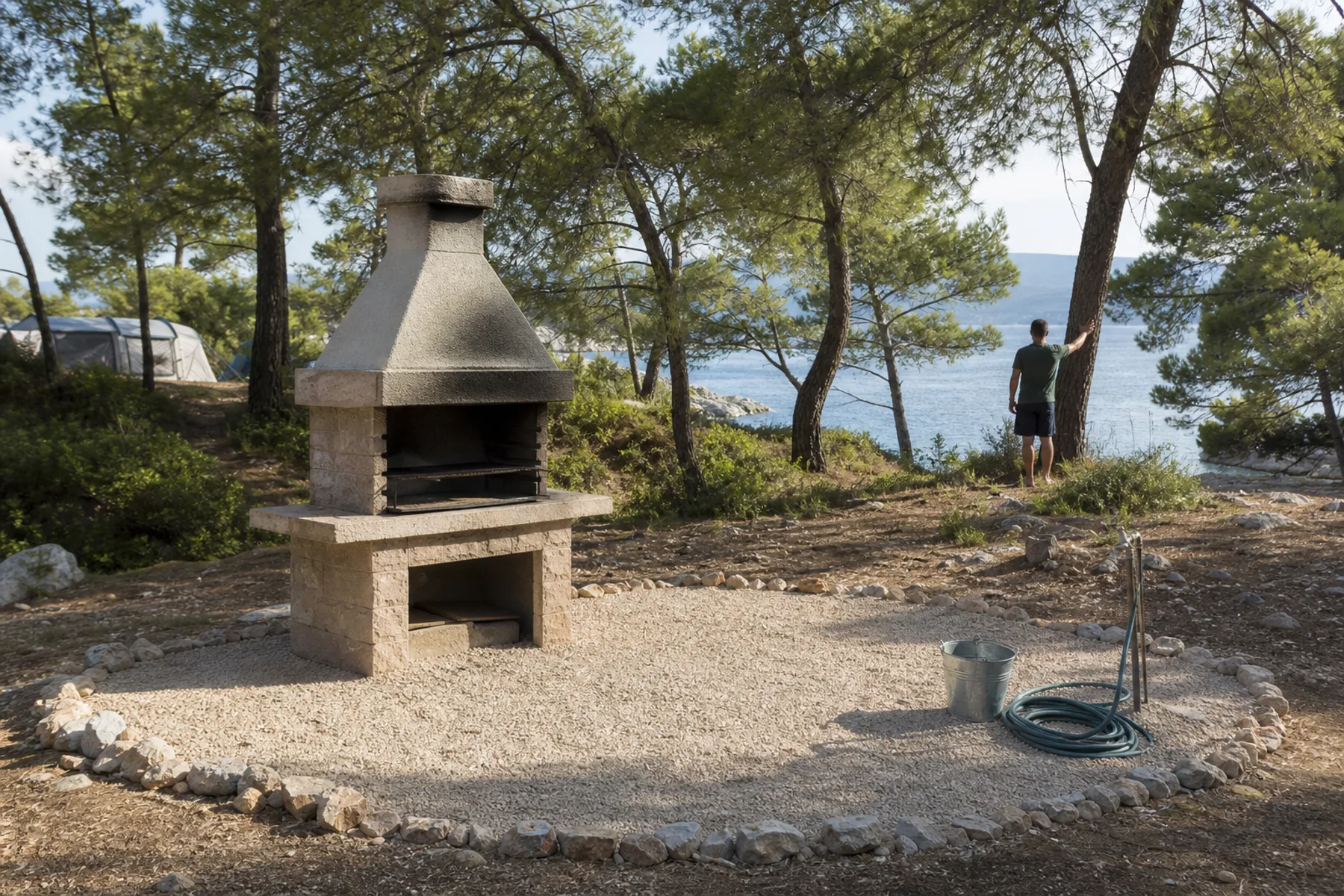 Kalte gemauerte Grillstelle auf einem kroatischen Campingplatz mit freigeräumtem Sicherheitsbereich und Löschwasser