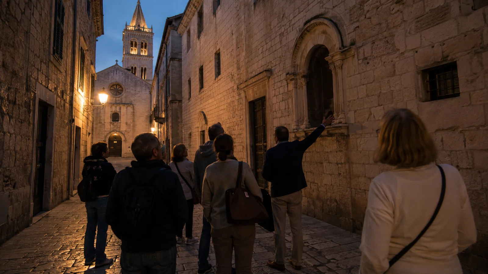 Eine kleine geführte Gruppe erkundet bei Abendlicht filmische Schauplätze in Zadars Altstadt