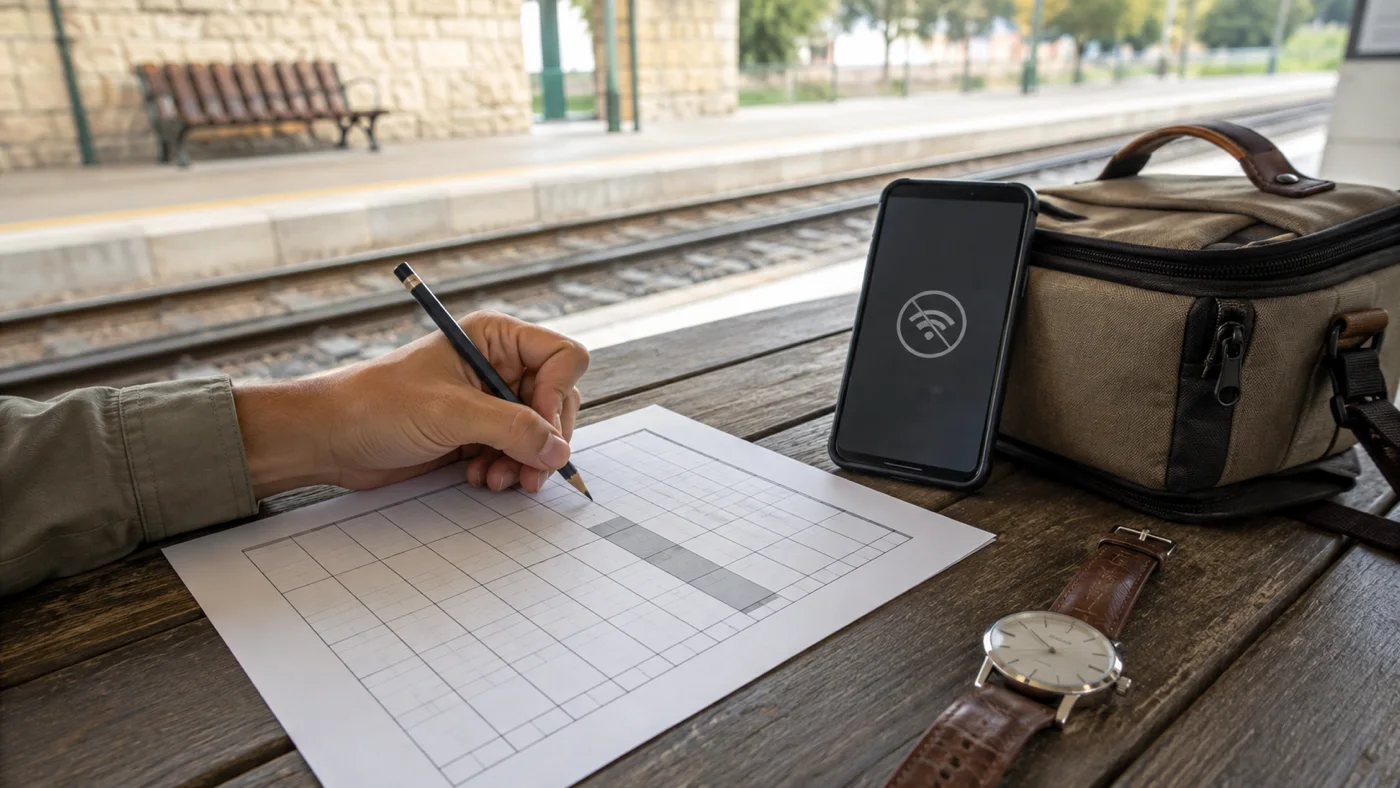 Ein Reisender plant am Bahnhof mit Papierfahrplan, Uhr und einem Mobiltelefon ohne Live-Verbindung
