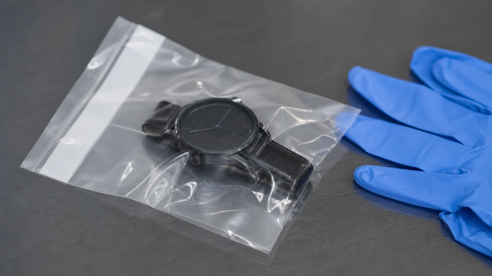 Eine neutrale Armbanduhr liegt versiegelt neben Handschuhen auf einem Beweismitteltisch
