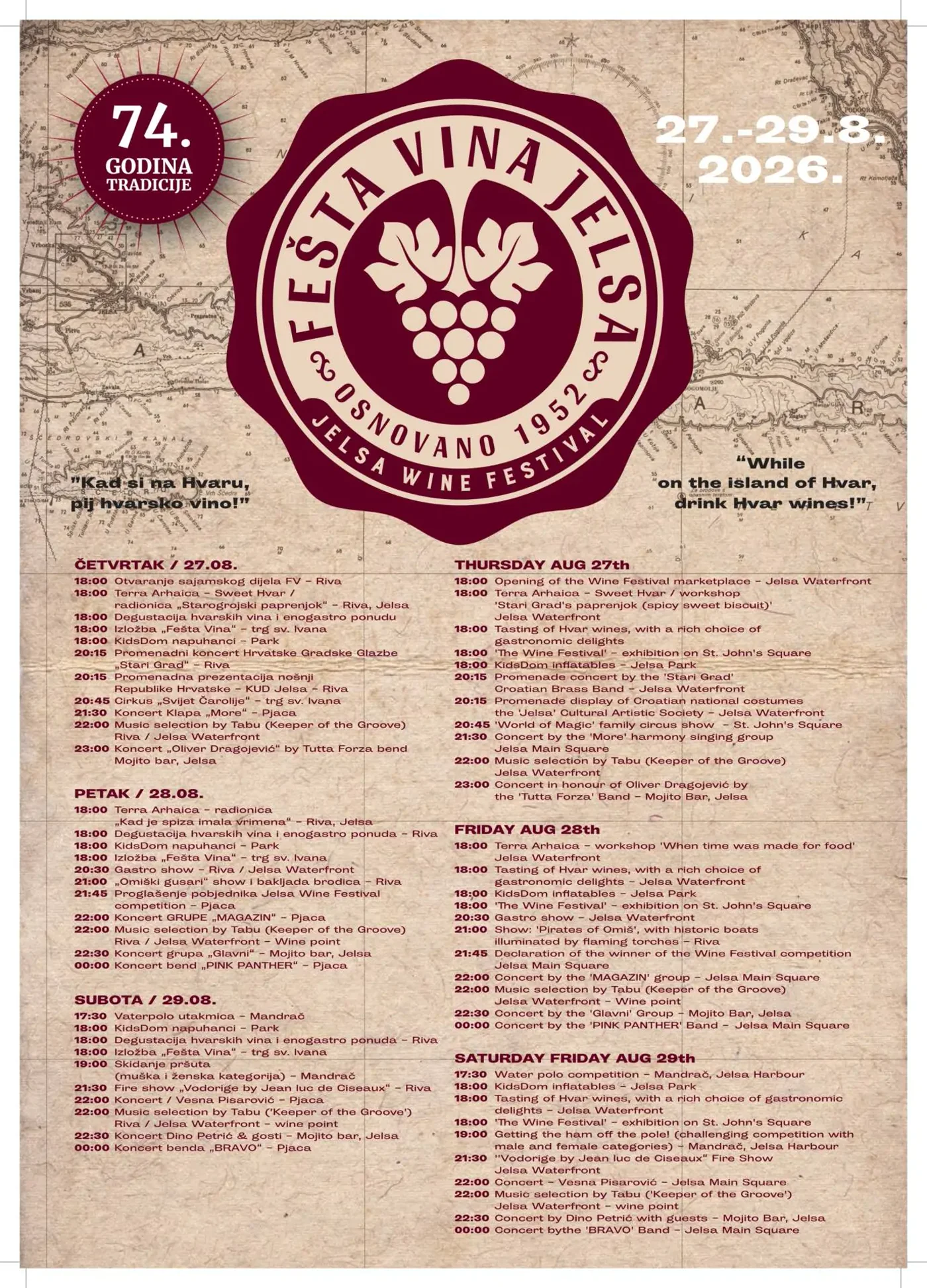 Offizielles zweisprachiges Programmplakat der 74. Fešta vina in Jelsa