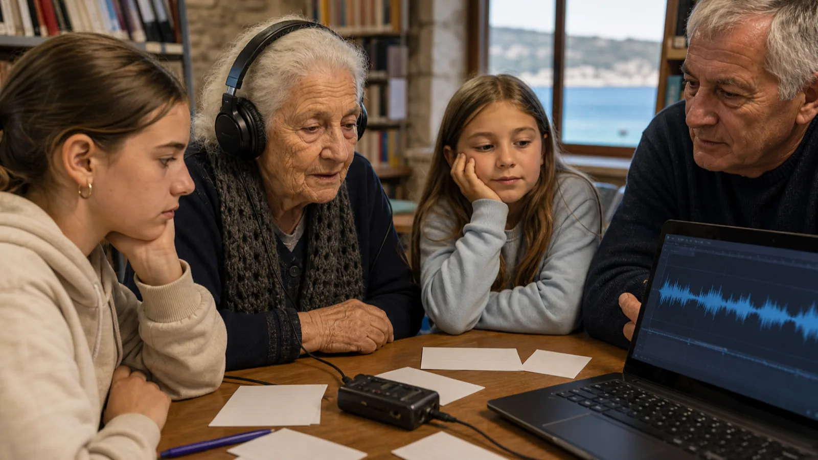 Mehrere Generationen hören in einer Inselbibliothek eine Dialektaufnahme ab
