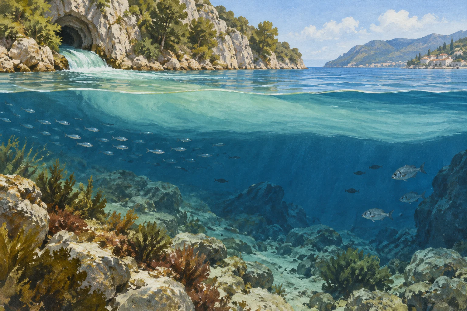 Künstlerische Illustration zum Zusammentreffen von Fluss- und Meerwasser