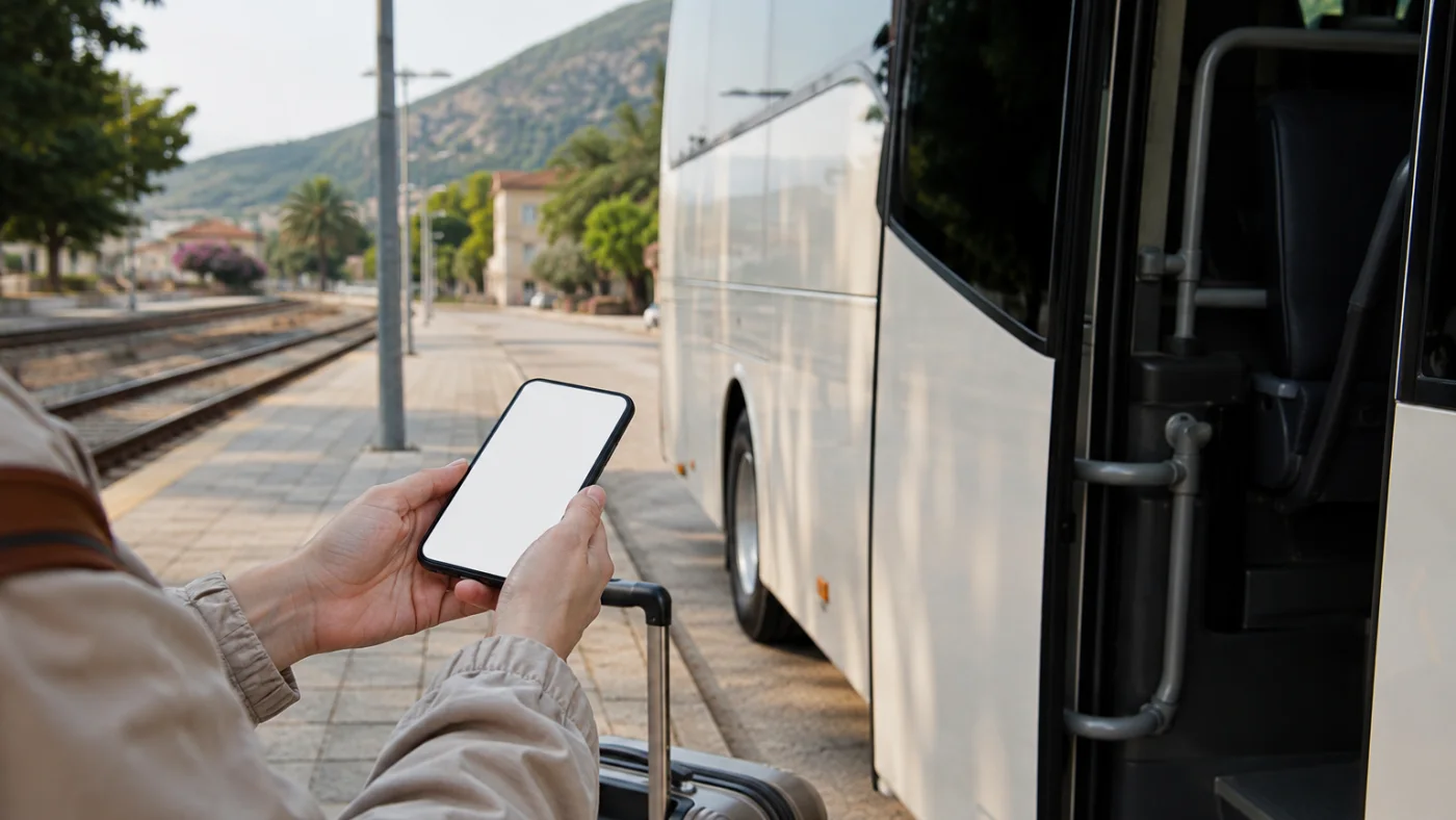 Eine Reisende prüft neben einem Ersatzbus am Bahnhof ihre Verbindung auf dem Mobiltelefon