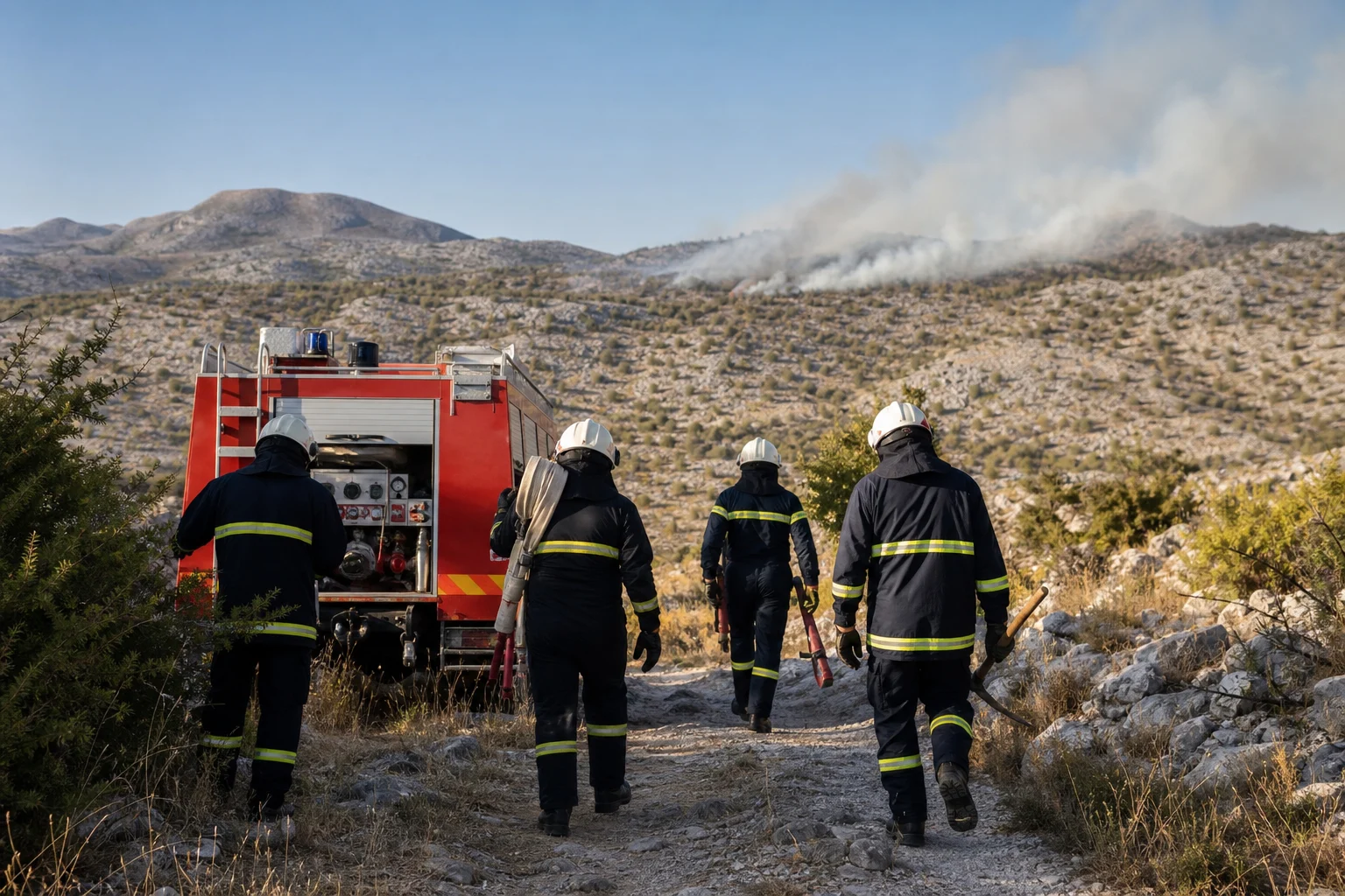 Feuerwehrleute bereiten Ausrüstung an einem Einsatzfahrzeug in einer steinigen Landschaft vor