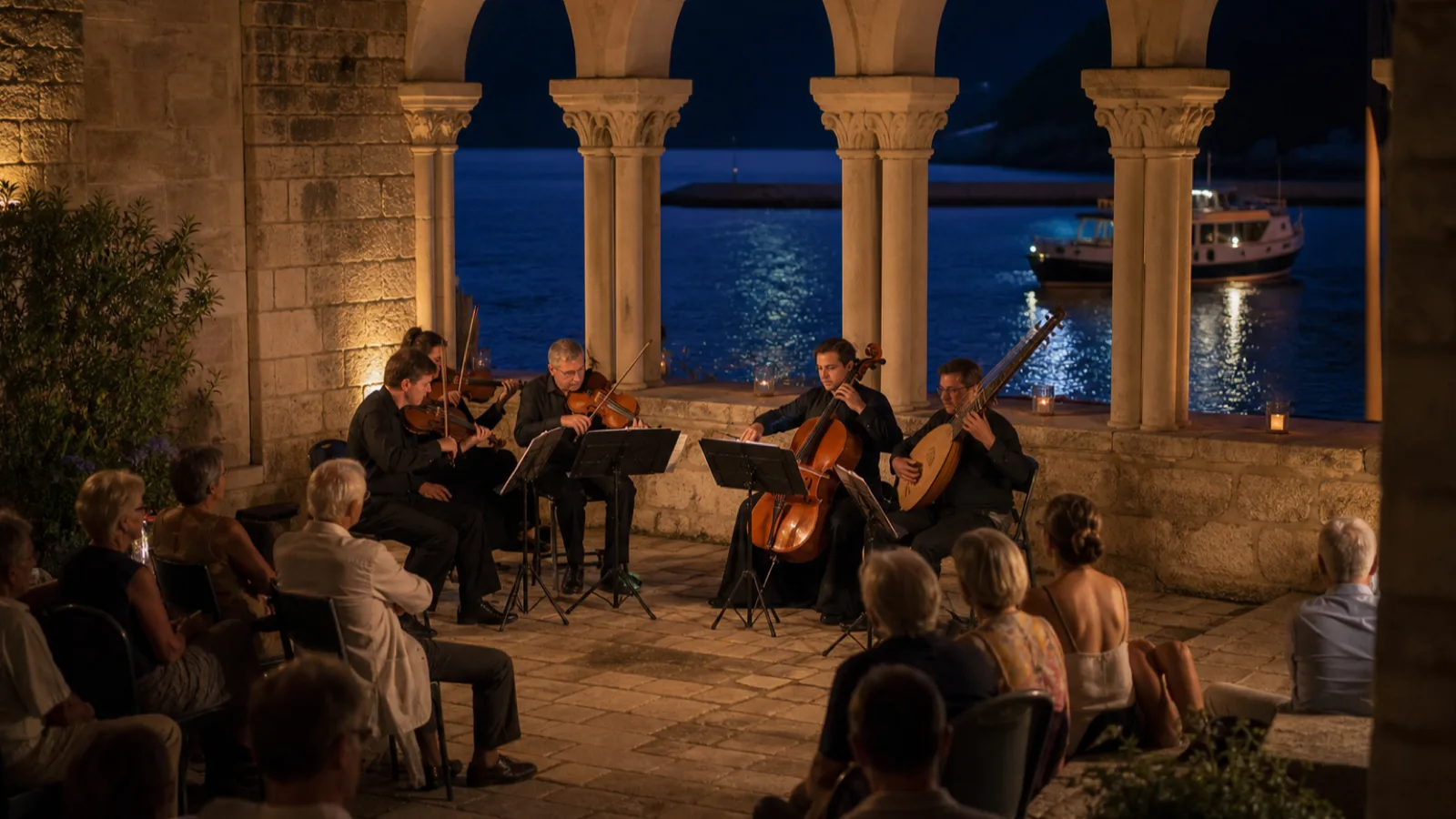 Ein kleines Barockensemble spielt in einem beleuchteten Inselkloster am Meer