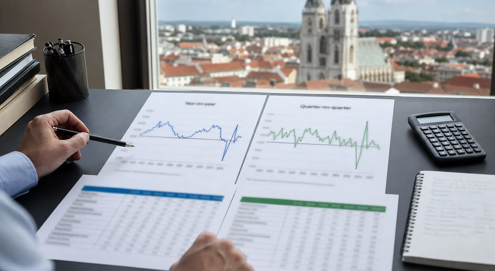 Eine Fachperson vergleicht getrennte Diagramme für Vorjahres- und Vorquartalsentwicklung
